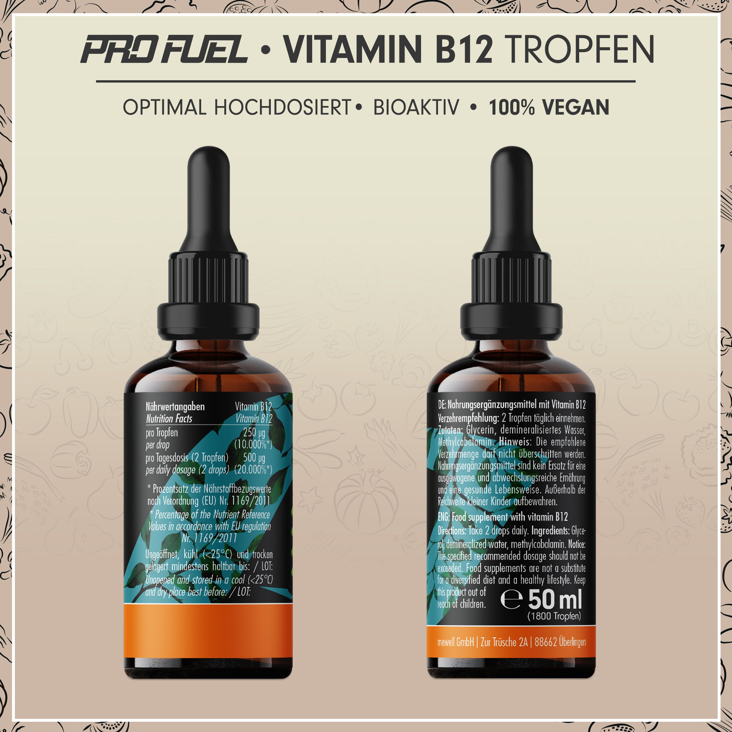 ProFuel - VITAMIN B12 Tropfen - 500 mcg bioaktives Vitamin B12 (Methylcobalamin) pro Tropfen