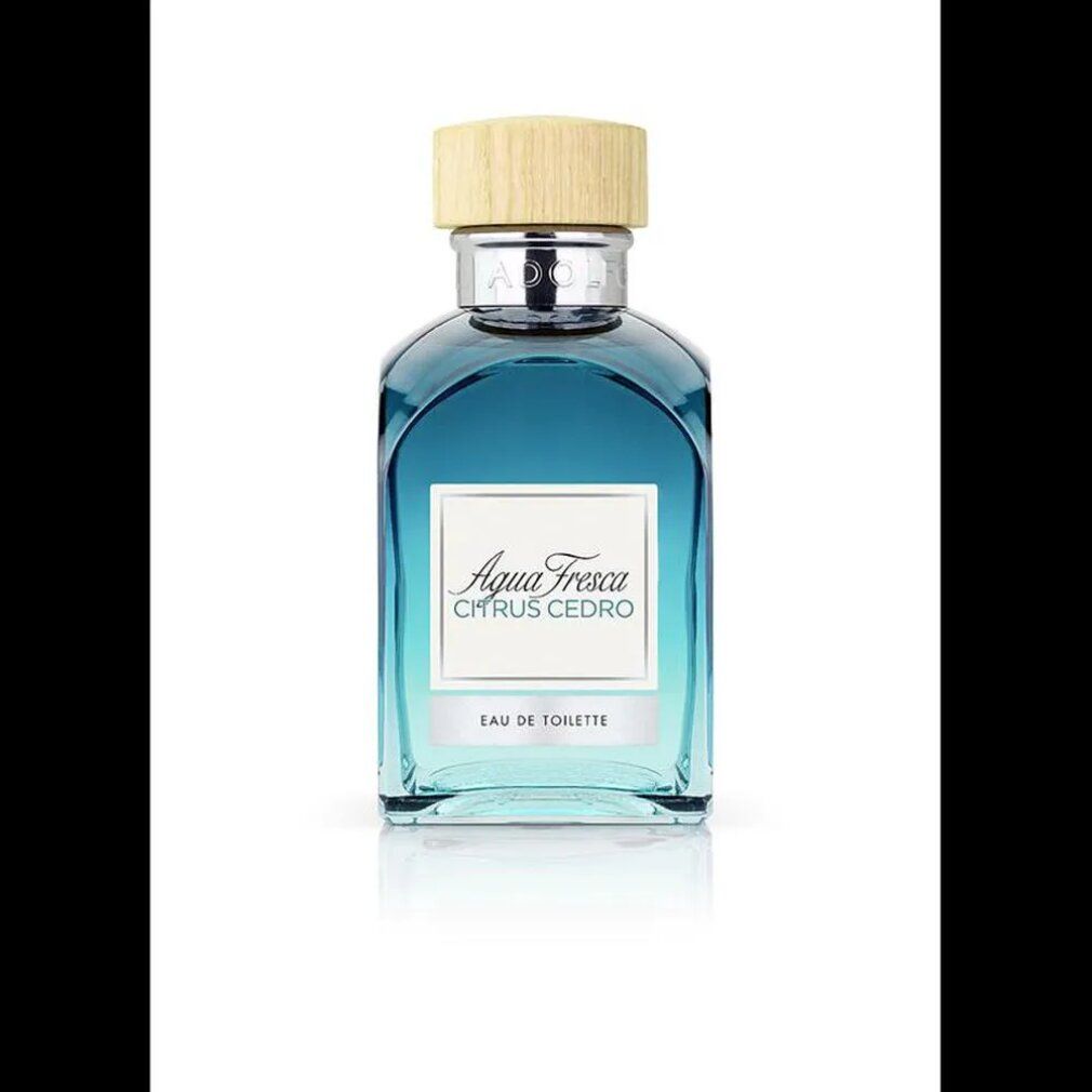 Blau-transparente Flasche mit Holzdeckel und rechteckiger Schachtel. Aufschrift: Agua Fresca Citrus Cedro.