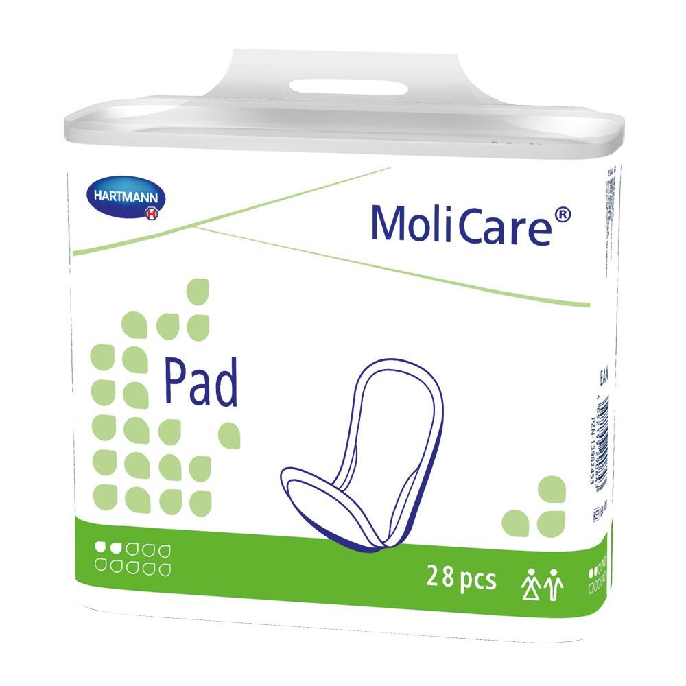 Hartmann MoliCare Pad-Packung. 28 Stück. Anatomische Einlagen für leichte Blasenschwäche. Grün-weißes Design.