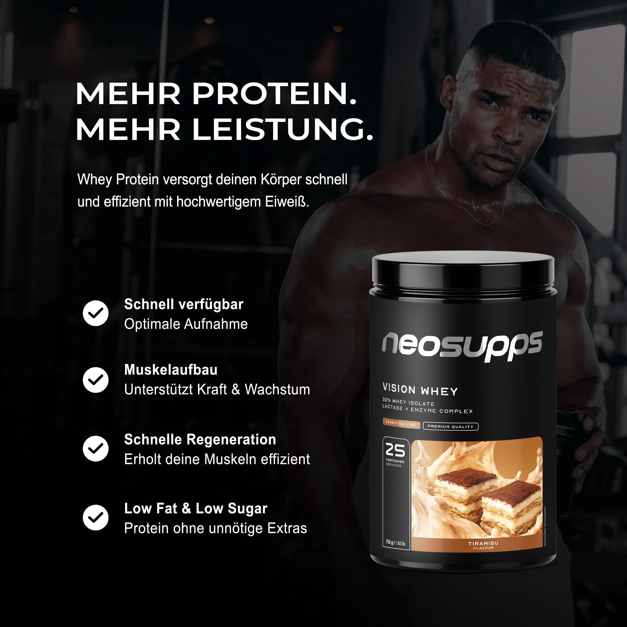 Neosupps Vision Whey Tiramisu Dose mit 25 Portionen, 23g Protein, Made in Germany, mit Tiramisu-Bild.