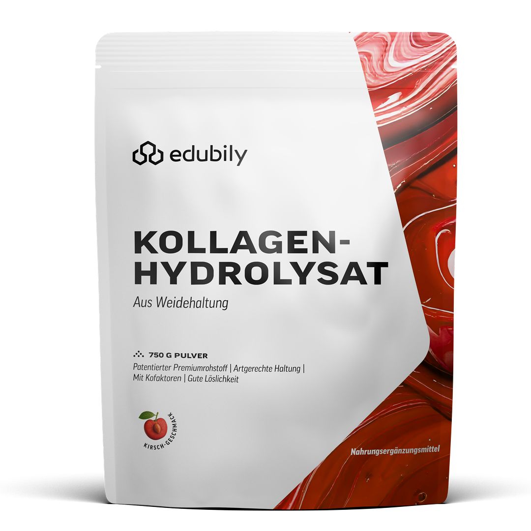 Standbodenbeutel mit edubily Kollagen-Hydrolysat Pulver, 750g, Kirschgeschmack.