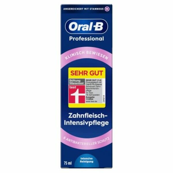 Blaue Verpackung mit Produktnamen und Aufschrift "Zahnfleisch-Intensivpflege". Auszeichnung "SEHR GUT".