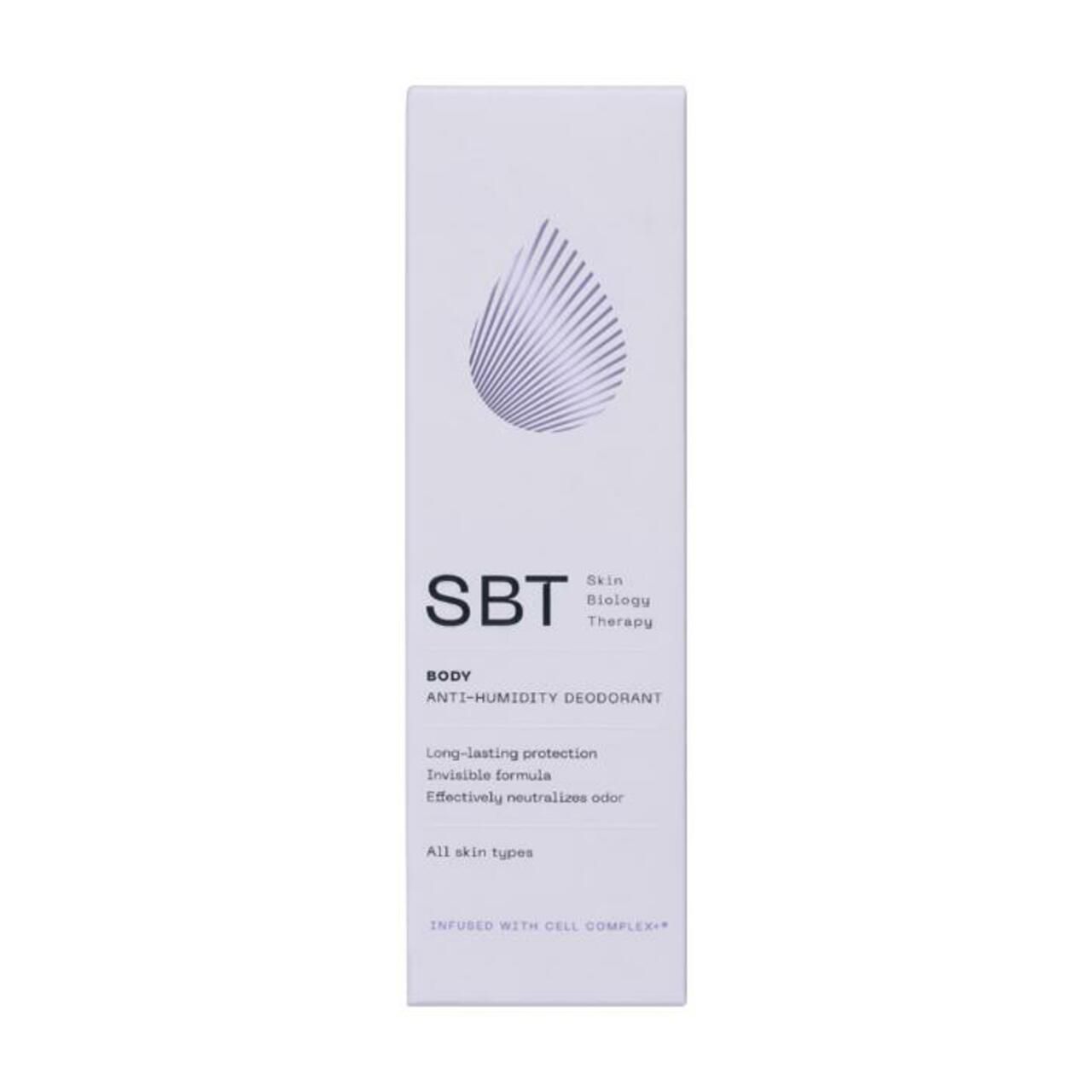 Weiße Verpackung mit Logo und Schriftzug: SBT Skin Biology Therapy, Anti-Humidity Deodorant. Text: Long-lasting protection.