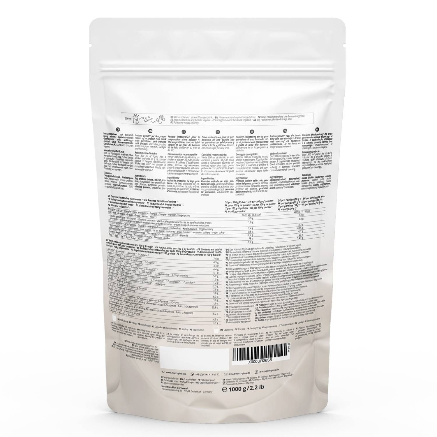 Rückseite des weißen Standbeutels. Enthält Text in mehreren Sprachen, Nährwertangaben und Barcode. 1000g/2.2 lbs.