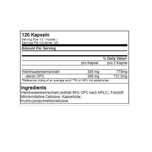 Etikett mit Nährwertangaben. Enthält Informationen zu Inhaltsstoffen, wie Weintraubenkernextrakt und OPC. Angaben pro Kapsel und pro 2 Kapseln.