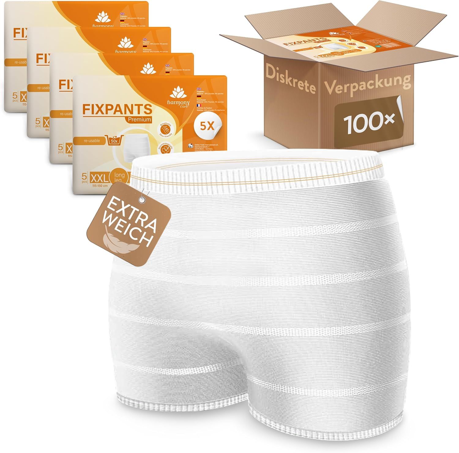 Mehrpackung Fixpants Premium Netzhosen, eine Hose im Vordergrund, Karton mit 100 Stück.