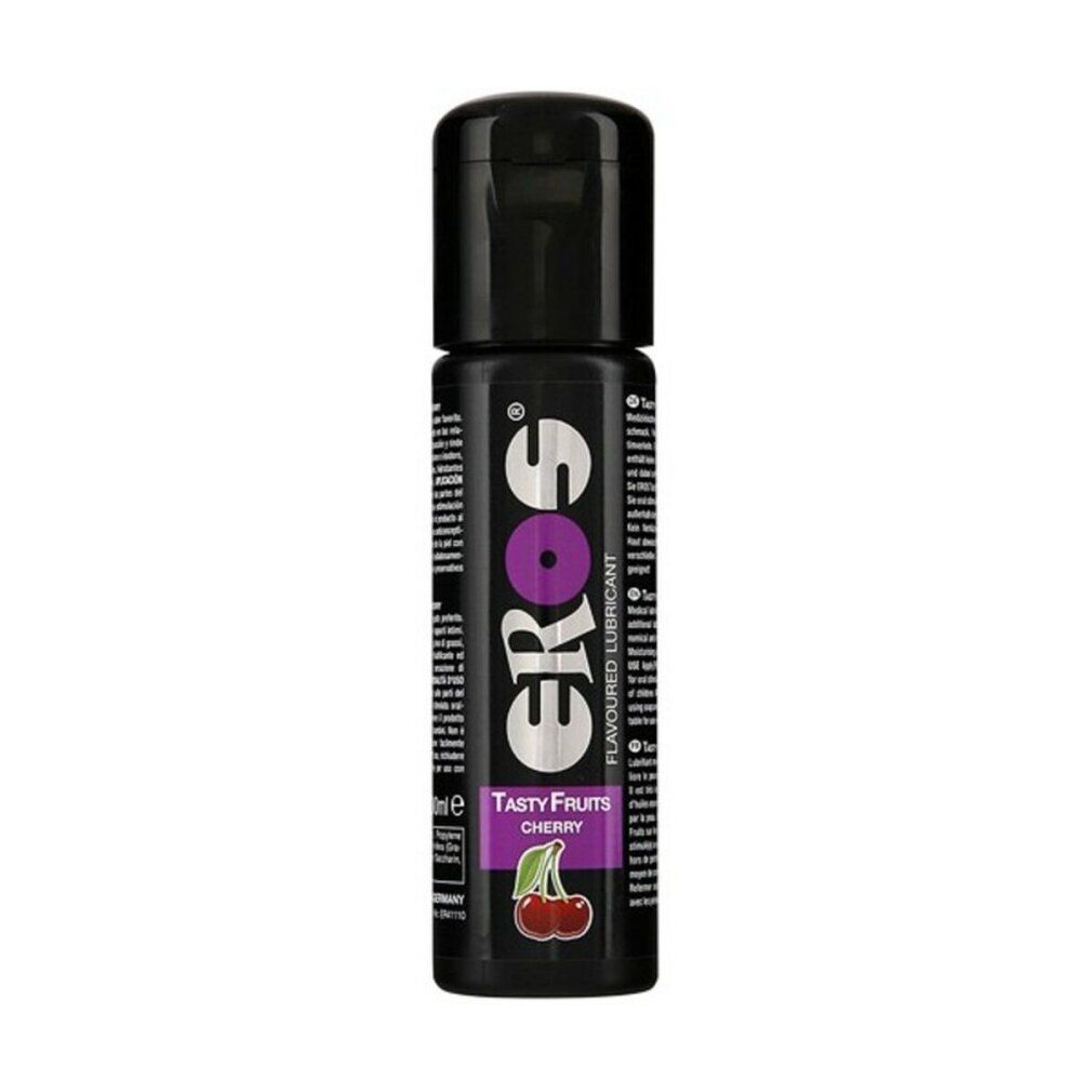 Schwarze Flasche mit Klappverschluss. Aufschrift EROS, Tasty Fruits Cherry. Kirsch-Illustration.