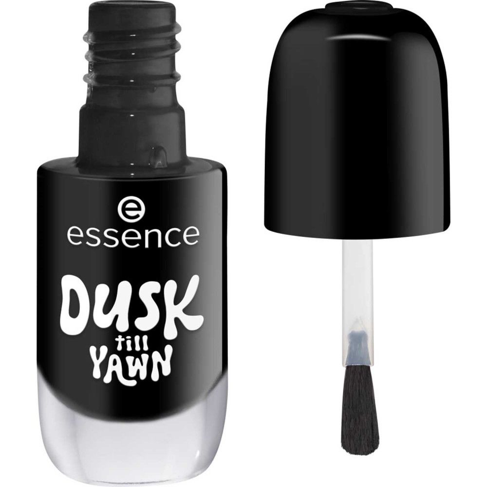 Nagellackflasche, schwarz, geöffnet. Bürste sichtbar. Aufschrift: Essence, Dusk till Yawn.