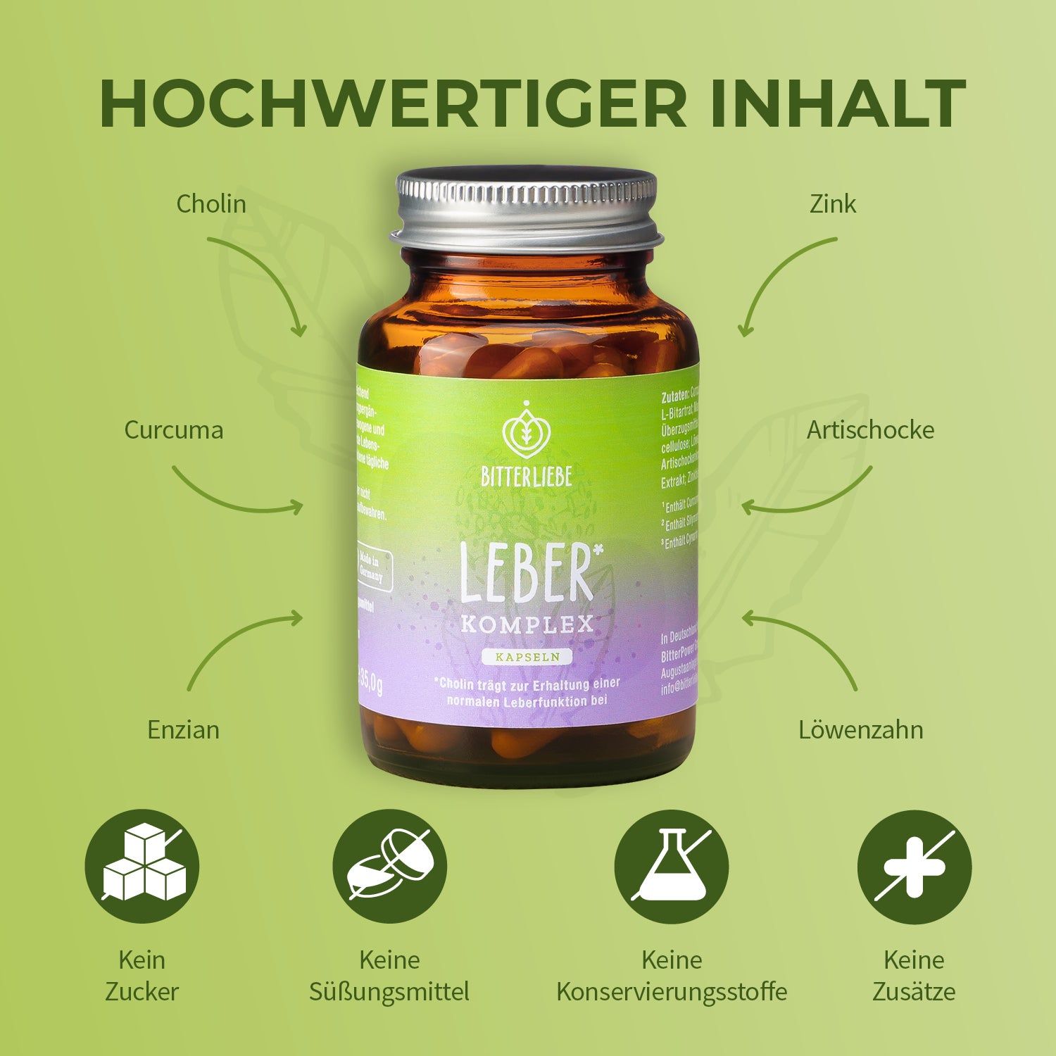 Braune Flasche mit Kapseln. Text: Leber Komplex, Kapseln. Inhaltsstoffe: Cholin, Zink, Curcuma, Artischocke, etc.