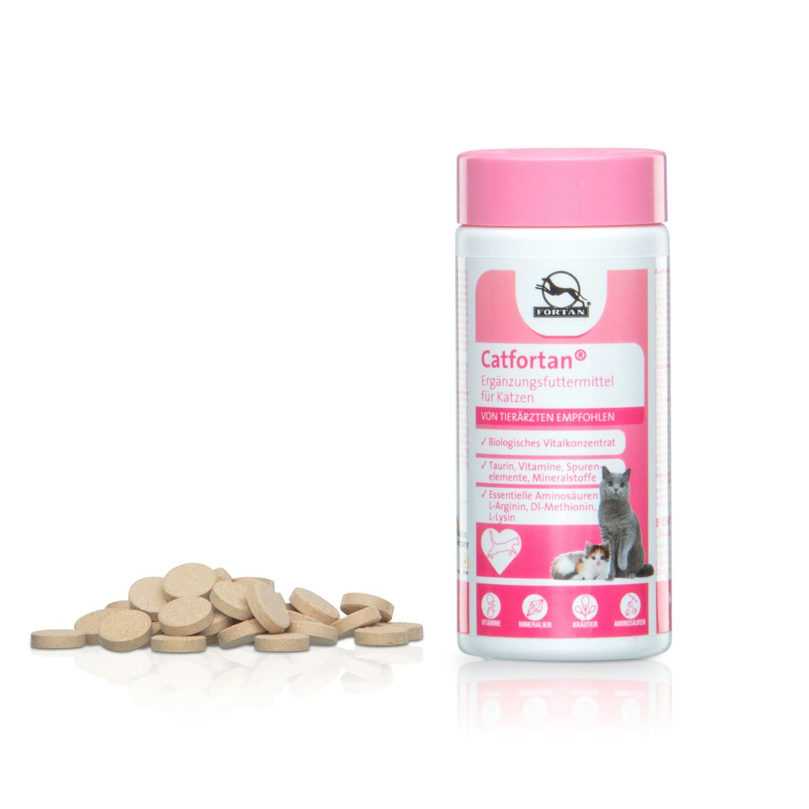Ergänzungsfuttermittel für Katzen. Rosa-weiß Dose mit Tabletten daneben. Etikett mit Produktname, Inhaltsstoffen und Katzenabbildung.