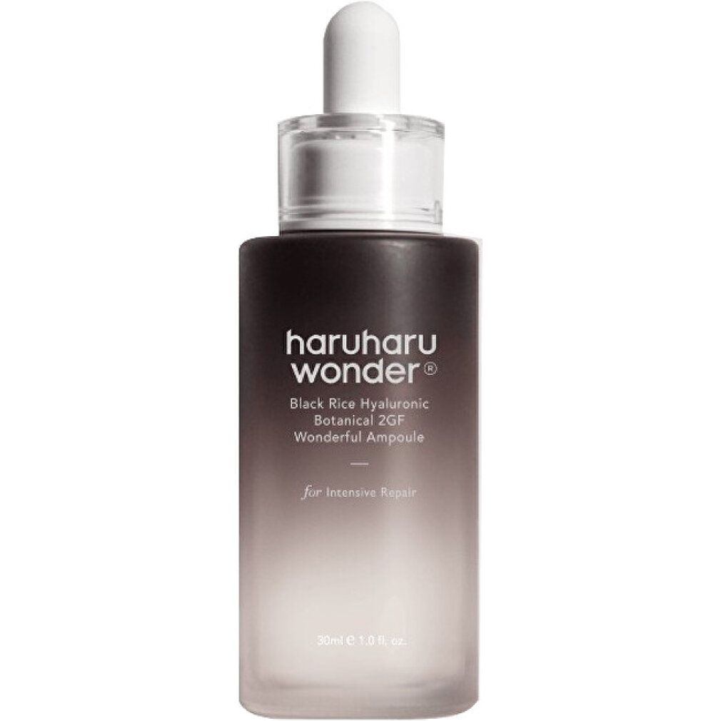 HaruHaru Wonder Black Rice Hyaluronic Botanical 2GF Wonderful Ampoule in einem dunklen Glasfläschchen mit Pipette.
