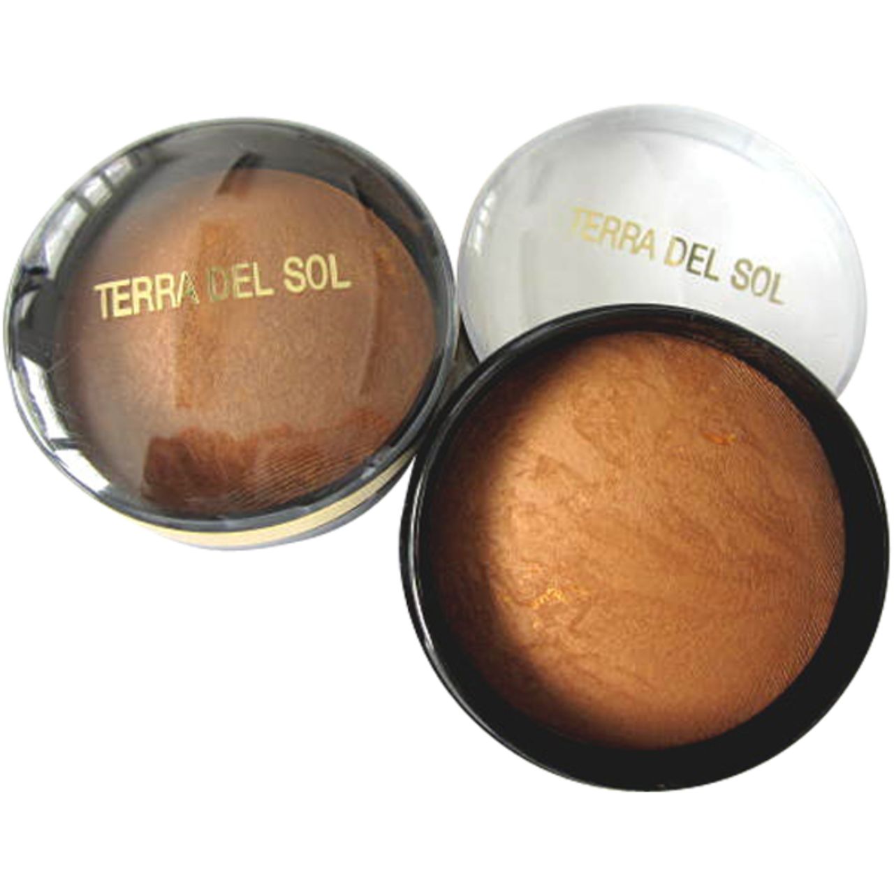 Runder Behälter mit bronzefarbenem Puder. Aufschrift "TERRA DEL SOL". Transparente Kugelhaube.