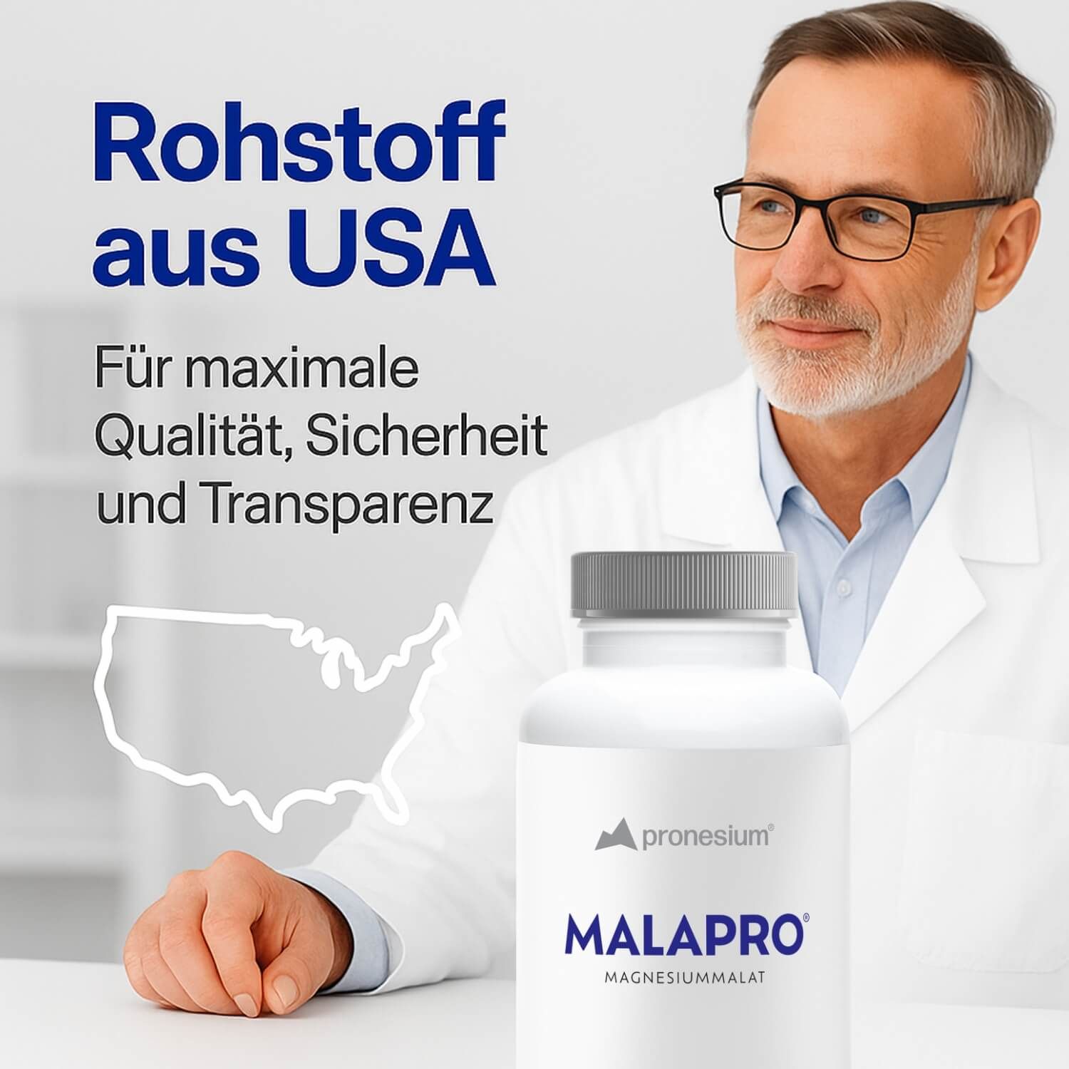 Arzt mit Flasche MALAPRO, USA-Umriss. Text: Rohstoff aus USA, für maximale Qualität, Sicherheit und Transparenz.