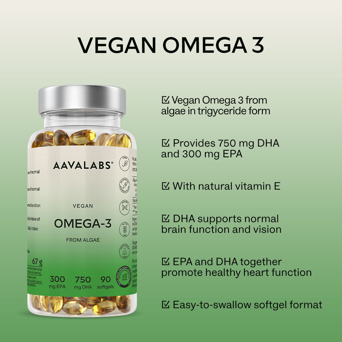Flasche mit Kapseln und Text. Vegan Omega-3. Enthält 750 mg DHA und 300 mg EPA. Mit natürlichem Vitamin E. Weisse Schrift.