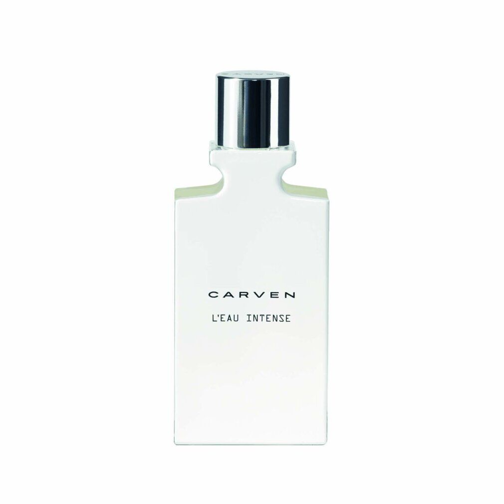 Weißer Flakon mit silbernem Verschluss. Aufschrift: CARVEN L'EAU INTENSE.