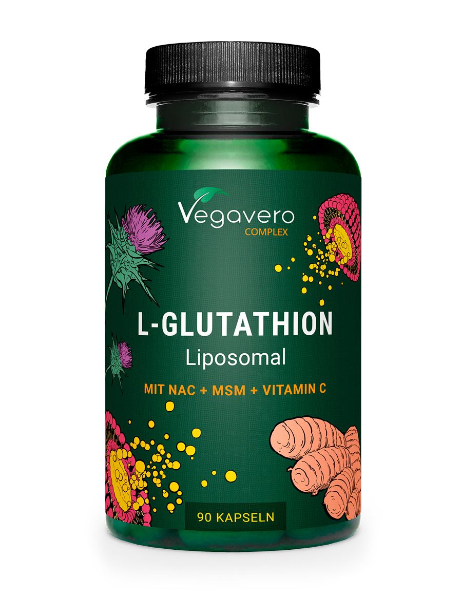 Grüne Flasche mit schwarzen Deckel. Aufschrift: L-Glutathion Liposomal. Mit NAC, MSM, Vitamin C. 90 Kapseln. Vegavaro Complex.