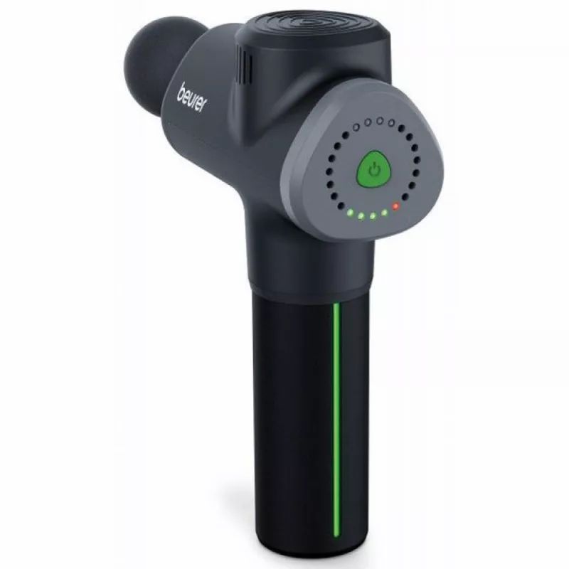 Schwarzes Massagegerät mit grauen Akzenten. Grüne LED-Anzeige. Beurer-Logo. Oberseite mit Knöpfen. Grüner Streifen am Griff.