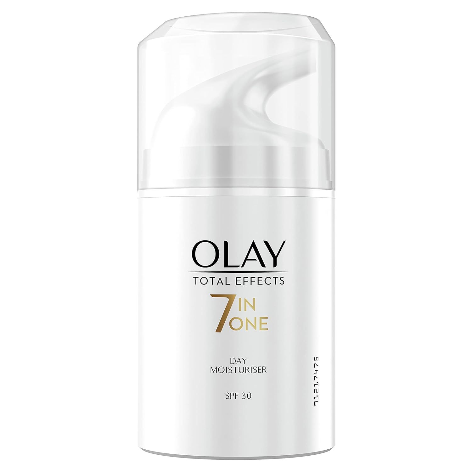 Olay Total Effects 7-in-1 Tagescreme. Weiße Flasche mit Pumpverschluss. Text: Olay, Total Effects, 7 in 1, Day Moisturiser, SPF 30.