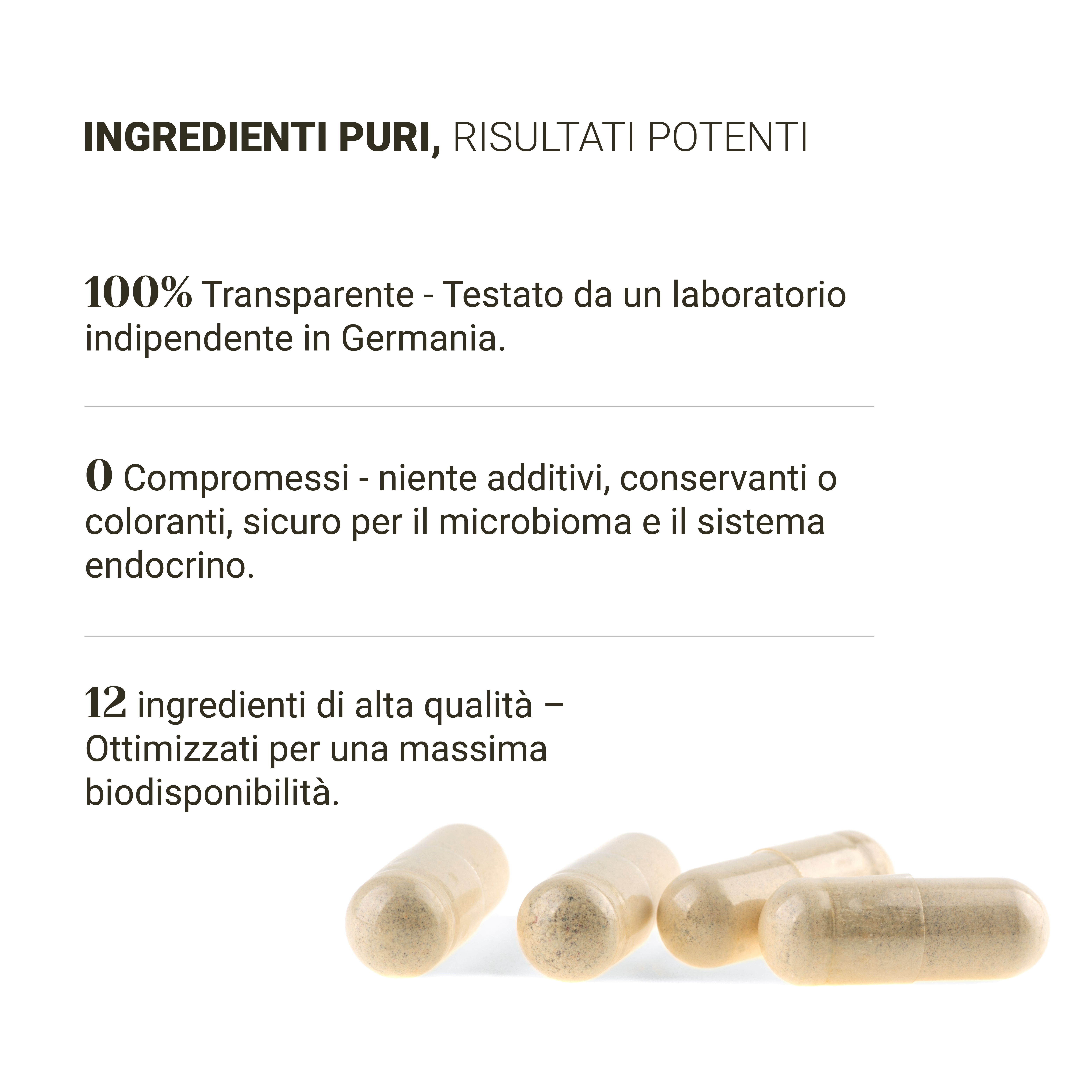 Kapseln auf weißem Hintergrund. Text: Ingredienti puri, risultati potenti. 100% transparent.
