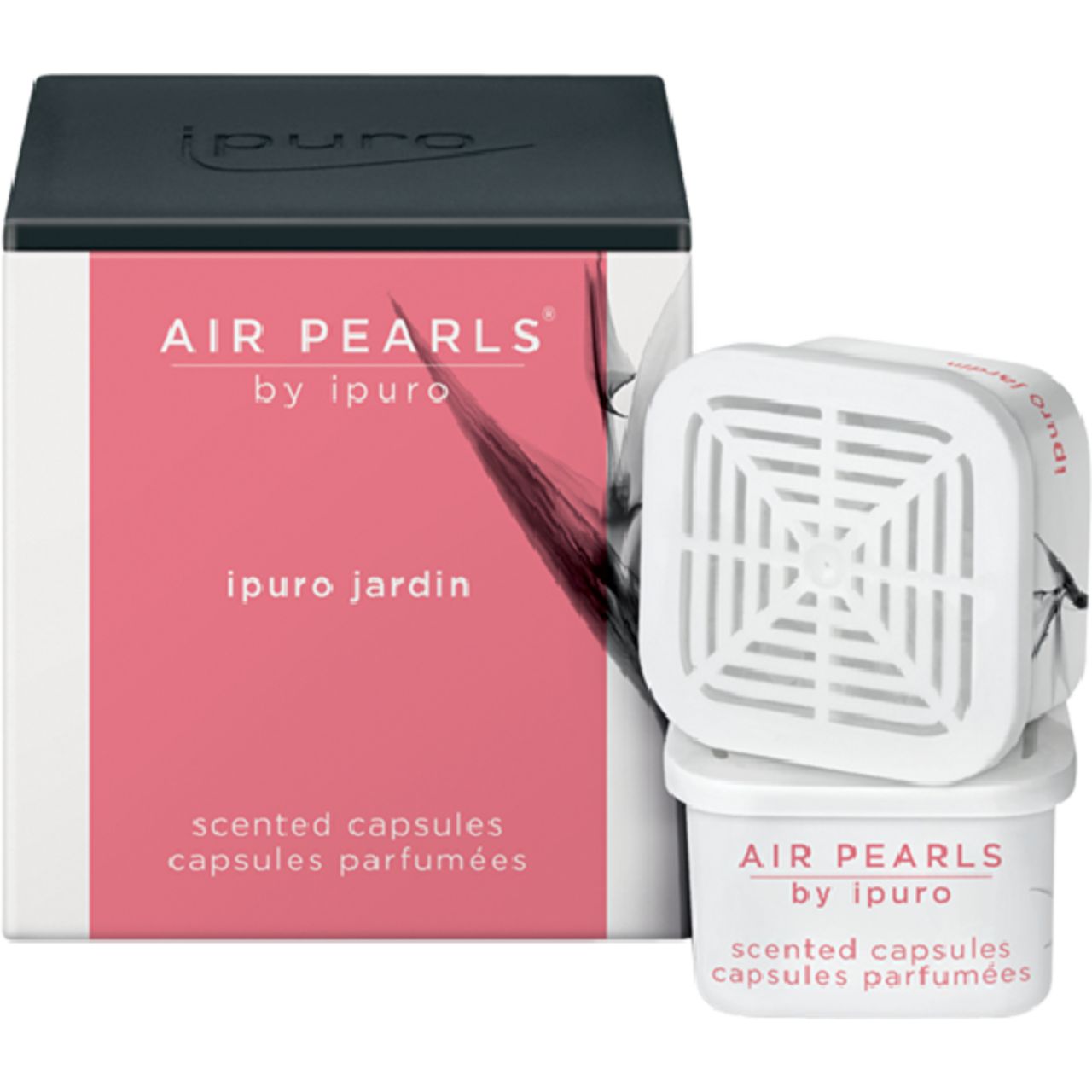 Verpackung mit "Air Pearls" Kapseln. Rosa Feld mit "ipuro jardin". Weiße Kapsel mit Gitter. Schwarzer Deckel mit "ipuro".