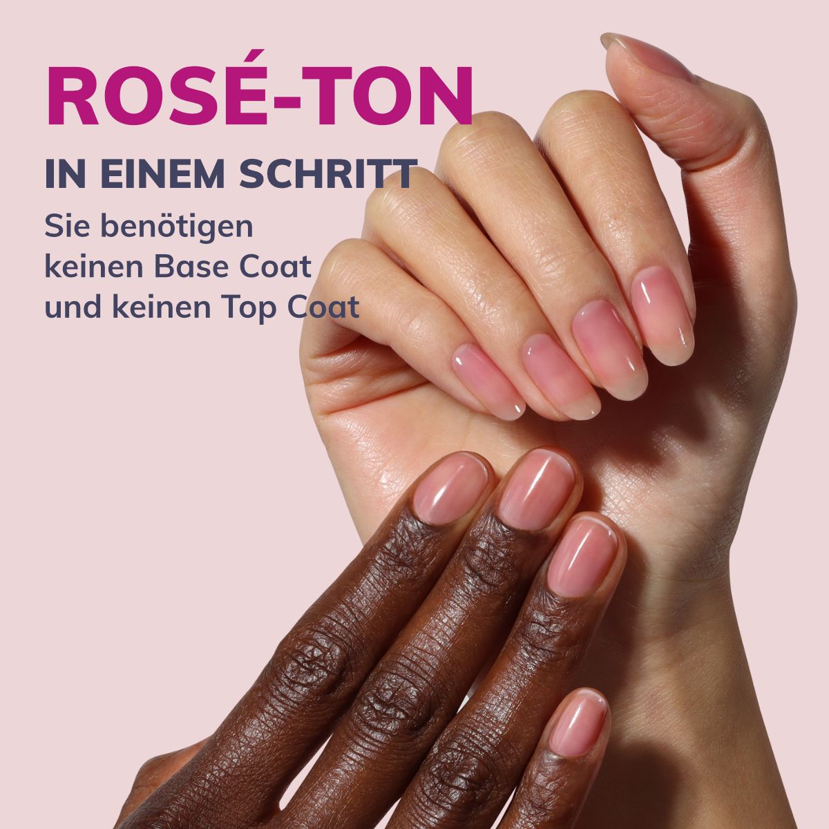 Zwei Hände mit rosafarben lackierten Nägeln, die eine einfache Anwendung ohne Base- oder Top-Coat zeigen.