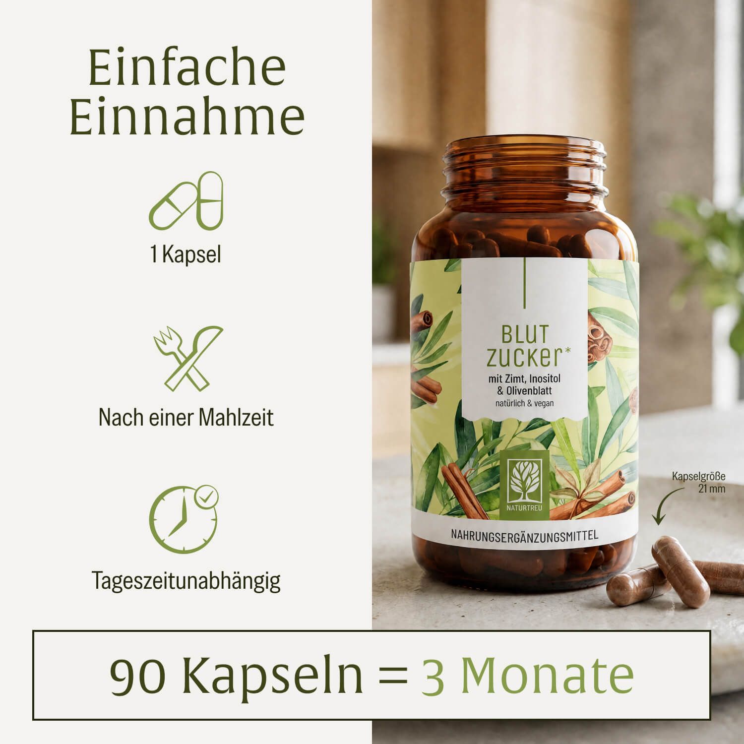 Flasche Blutzucker Komplex mit Zimt- und Olivenblatt-Design, neben Zimtstangen und Olivenzweigen.