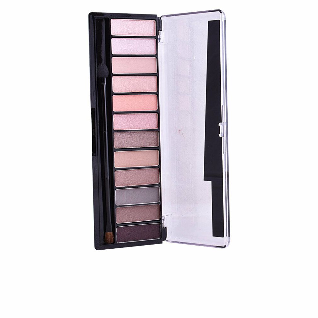 Lidschatten-Palette mit 10 Farbtönen und Applikator. Schwarze Verpackung mit Spiegel. Geöffnet.