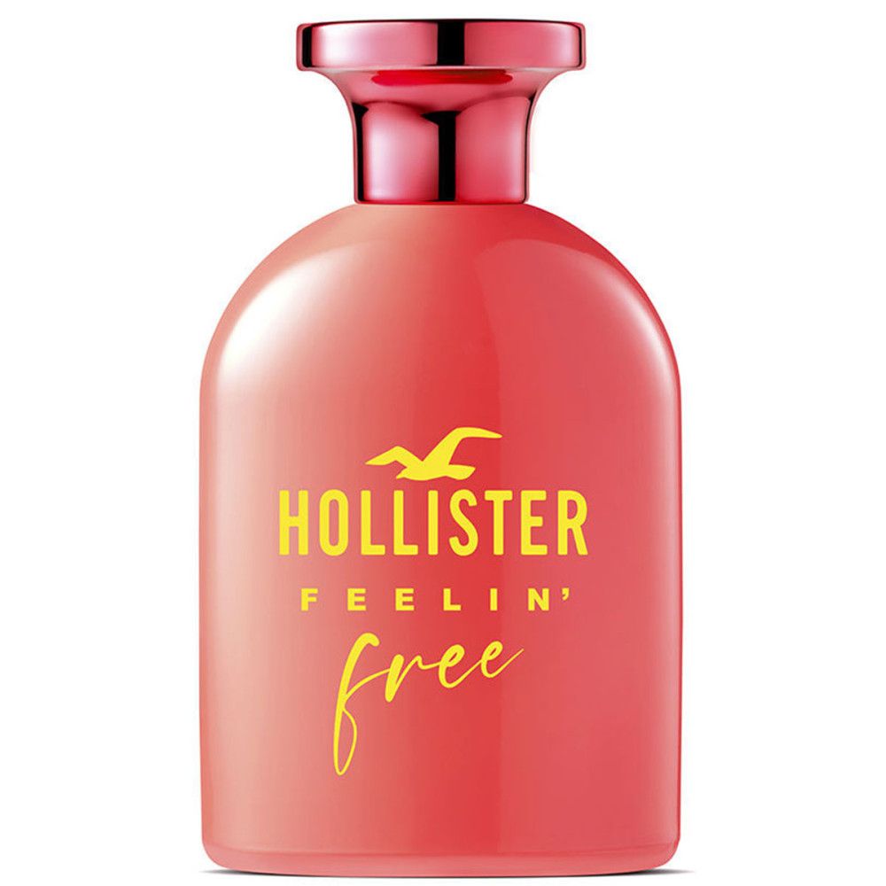 Roter Flakon mit gelbem Schriftzug. Aufschrift: Hollister Feelin' Free. Rosa Verschluss.