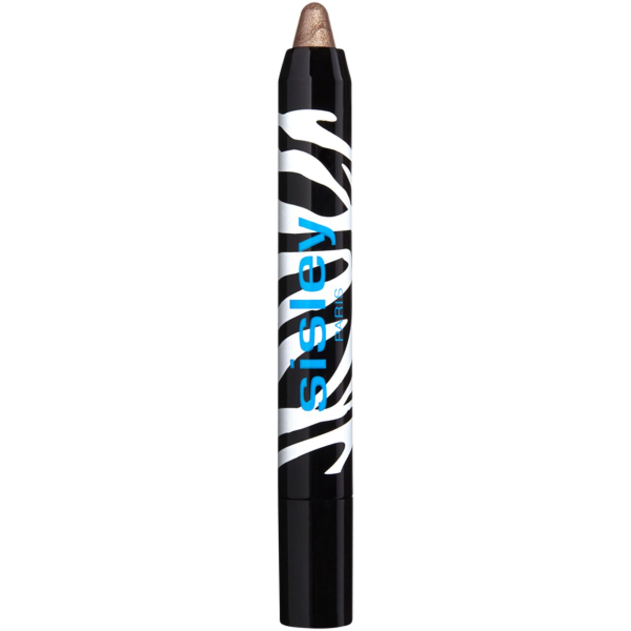 Goldfarbener Augenstift mit schwarzem Zebra-Muster. Blaue Schrift: Sisley. Geöffnet, Spitze sichtbar.
