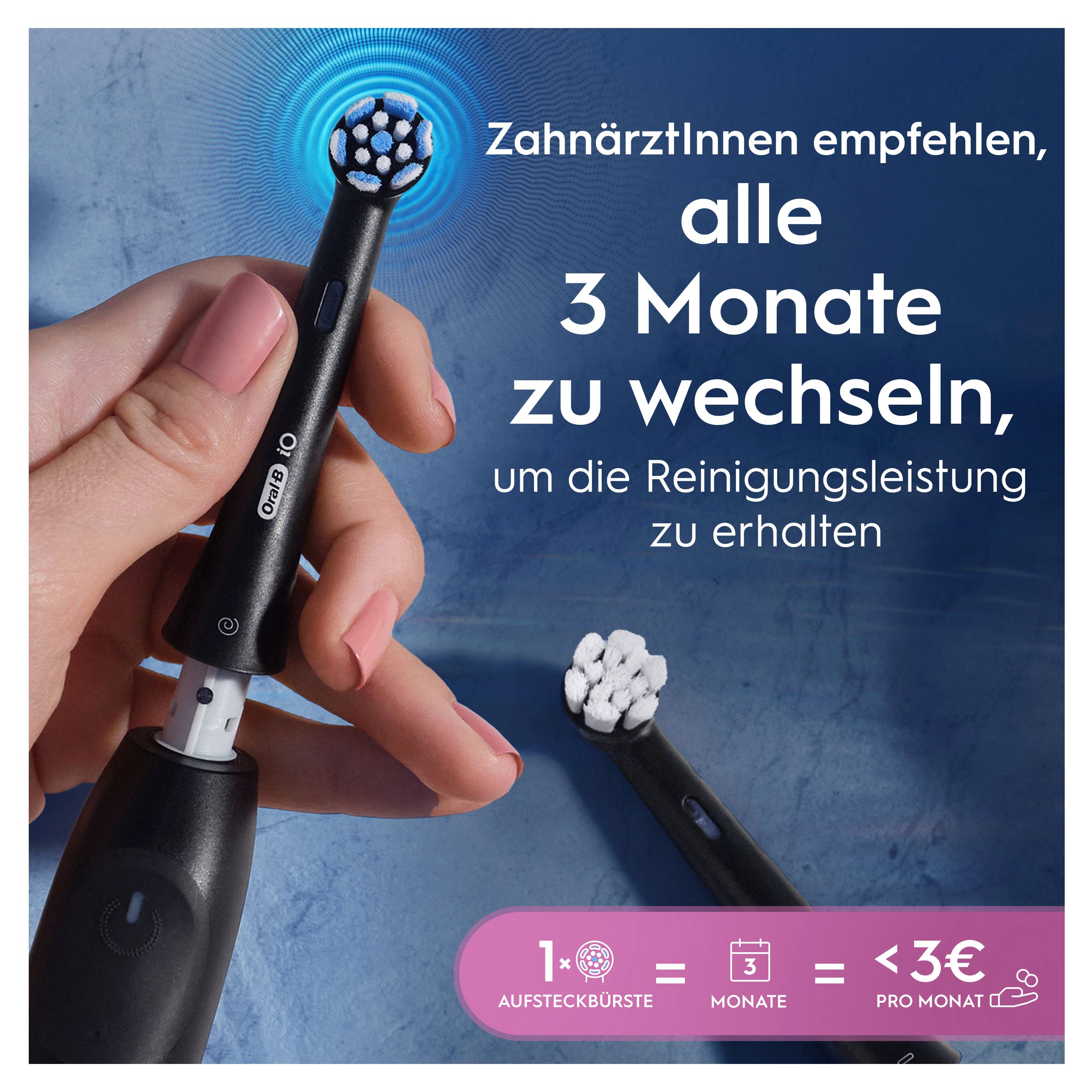 Hand hält eine schwarze Zahnbürste. Text: "ZahnärztInnen empfehlen, alle 3 Monate zu wechseln". Aufsteckbürste und Diagramm.