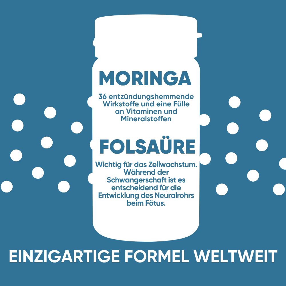 Flasche mit weißem Deckel. Text: MORINGA, FOLSÄURE. Blaue Punkte im Hintergrund. Text in deutscher Sprache.