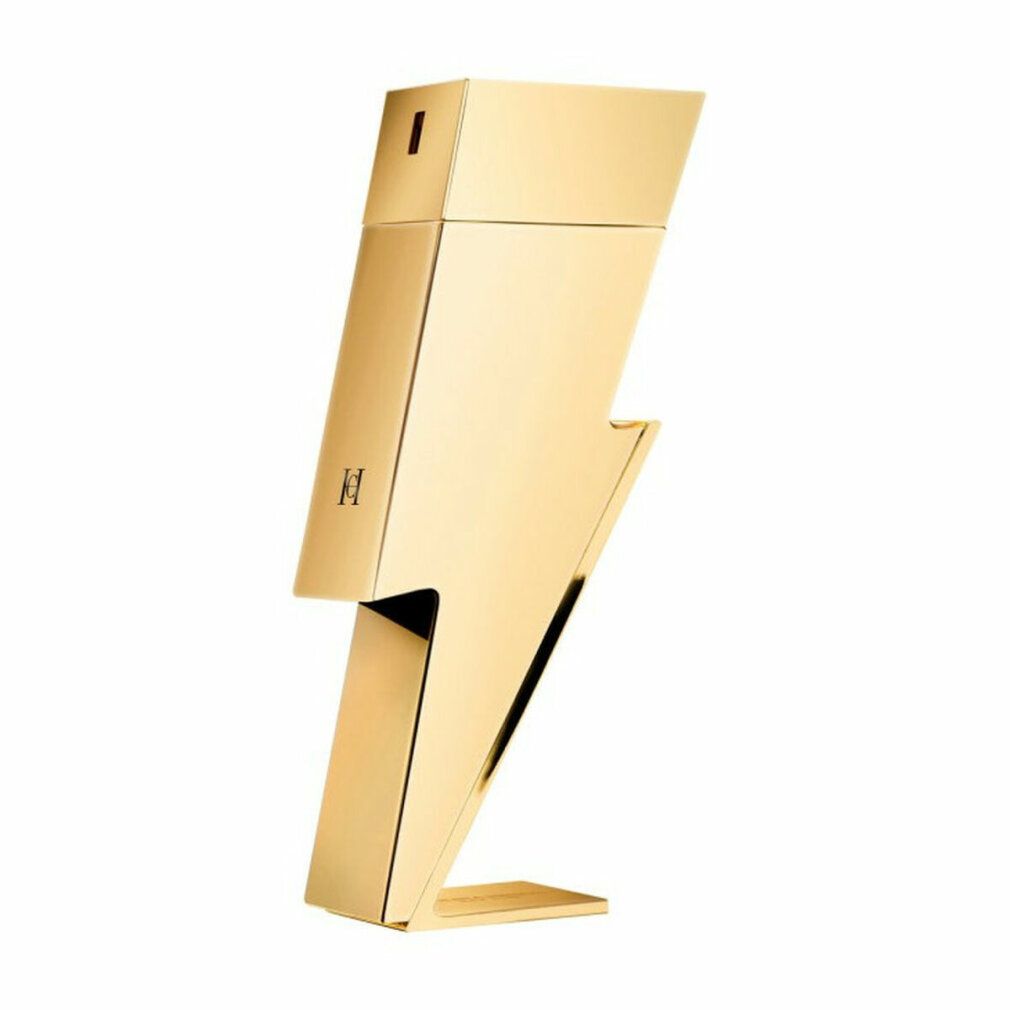 Goldfarbener Parfümflakon in Blitzform. Logo auf der Vorderseite. Steht auf einer Basis.