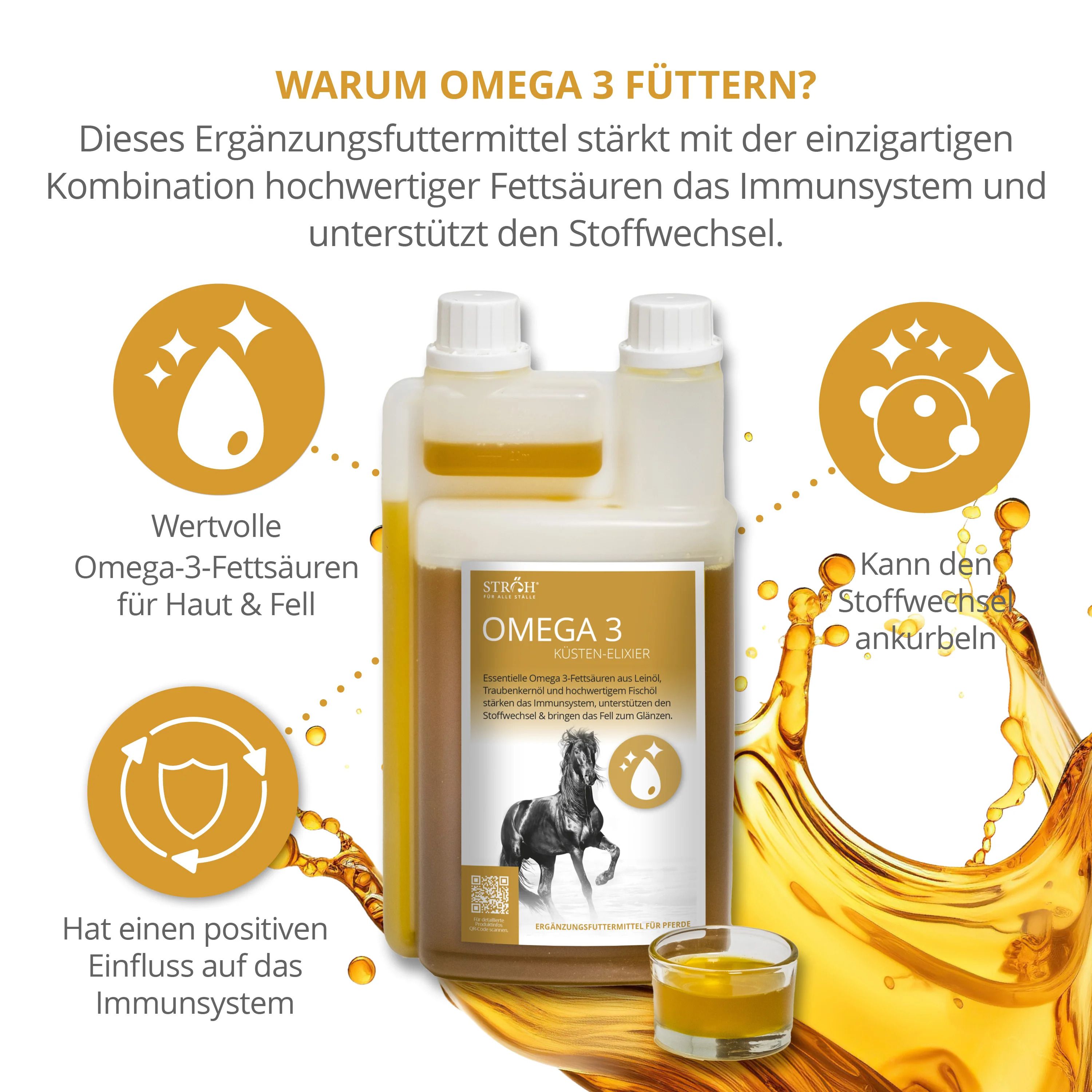 STRÖH Omega 3 Küsten-Elixier Flasche. Produkt mit gelber Flüssigkeit. Grafische Elemente und Text.