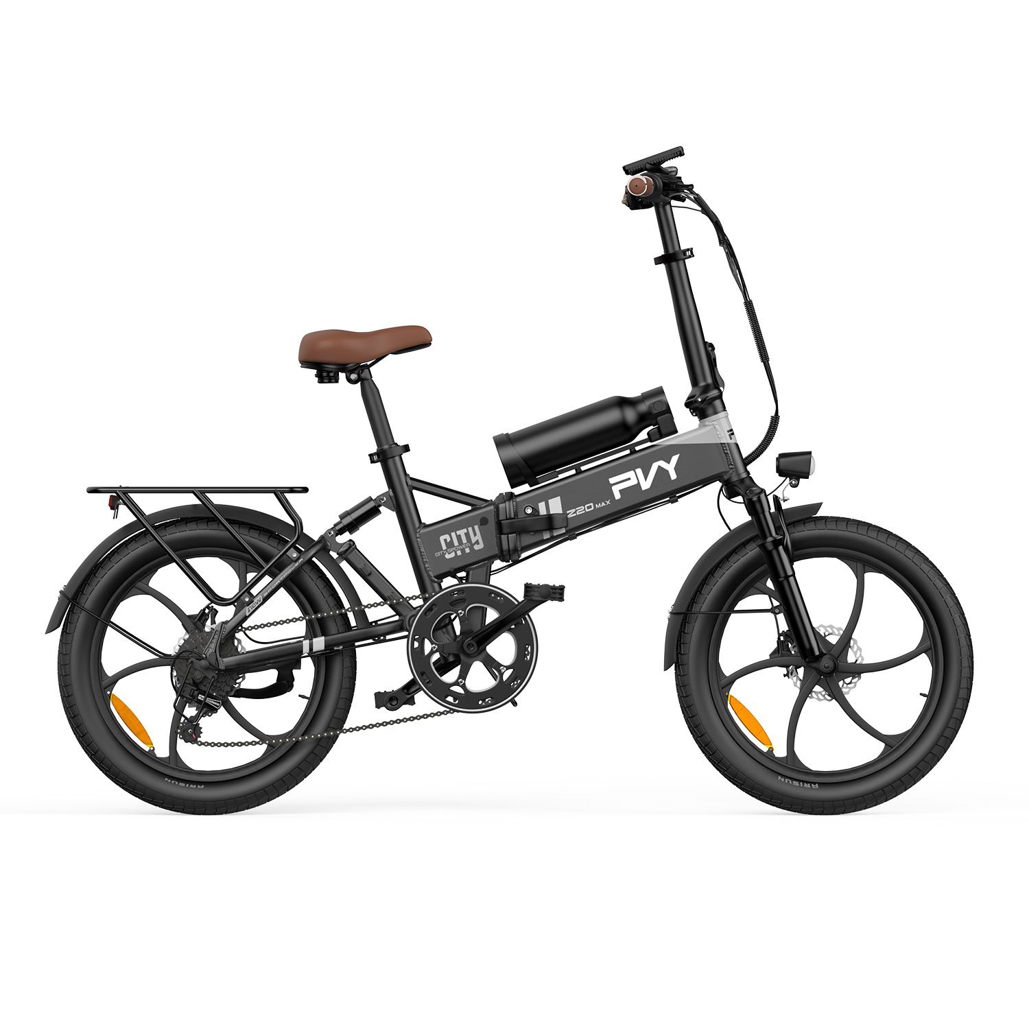 Schwarzes E-Bike mit braunem Sattel und Akku. PVY Z20 MAX Schriftzug.