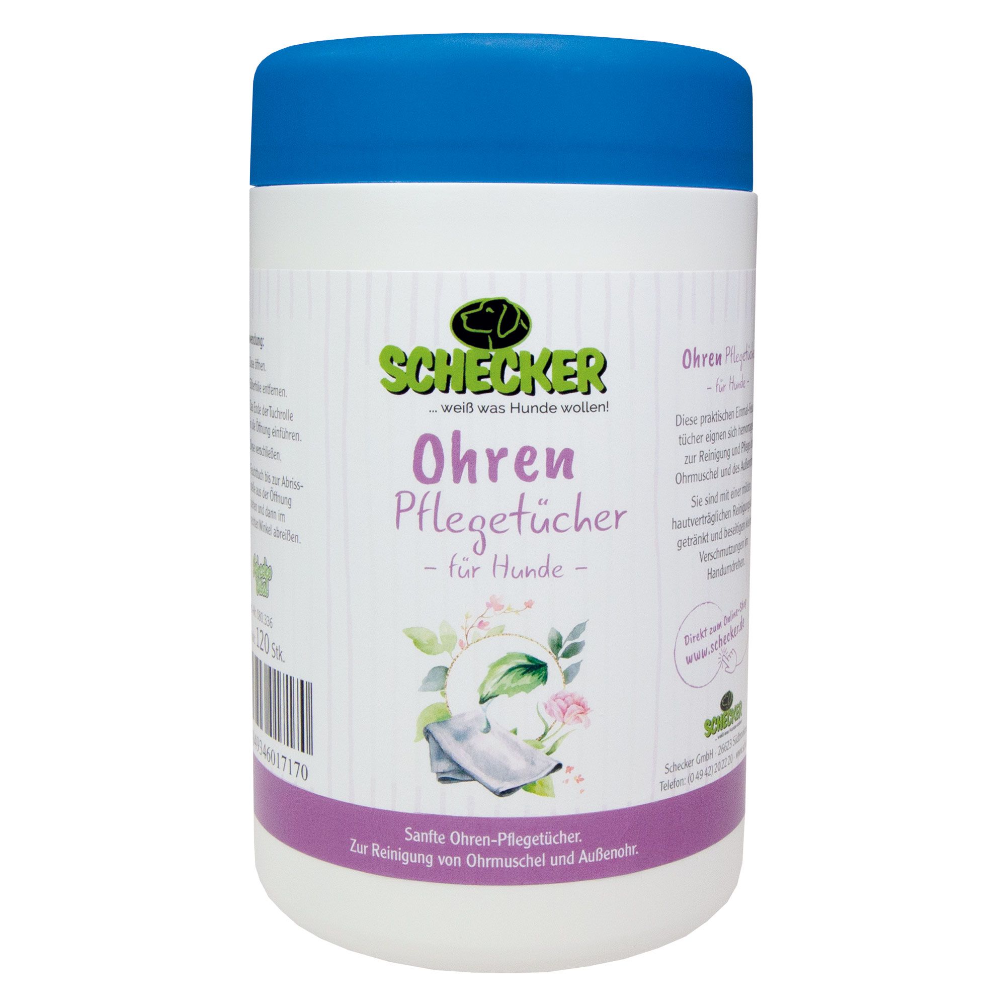 Weiße Dose mit blauem Deckel. "Schecker" und "Ohren Pflegetücher für Hunde" Schriftzug. Produktverpackung.