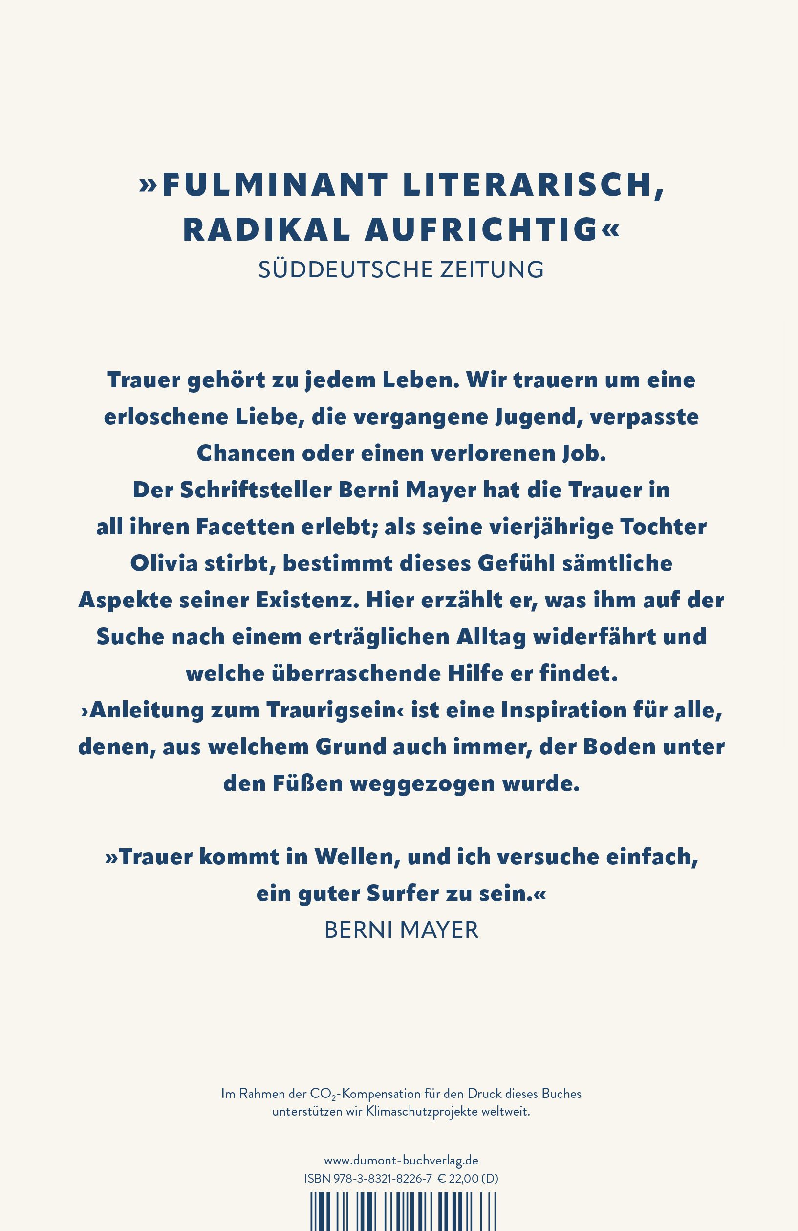 Buchrückseite mit Text über Trauer und Zitat von Berni Mayer. Verlag Dumont. ISBN-Code sichtbar.