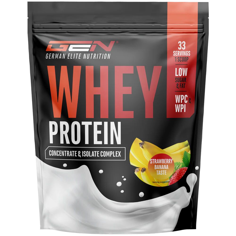 Schwarze Tüte GEN Whey Protein Komplex. 33 Portionen, Low Sugar & Fat, WPC & WPI. Mit Bananen und Erdbeeren.