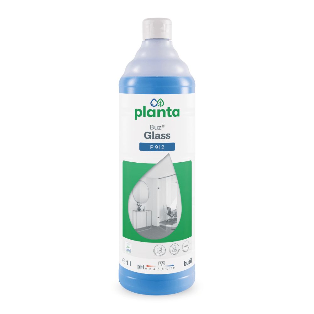 Flasche mit blauem Inhalt. Aufschrift: planta Buz® Glass P 912. Grüne und weiße Etikett mit Abbildung eines Badezimmers.