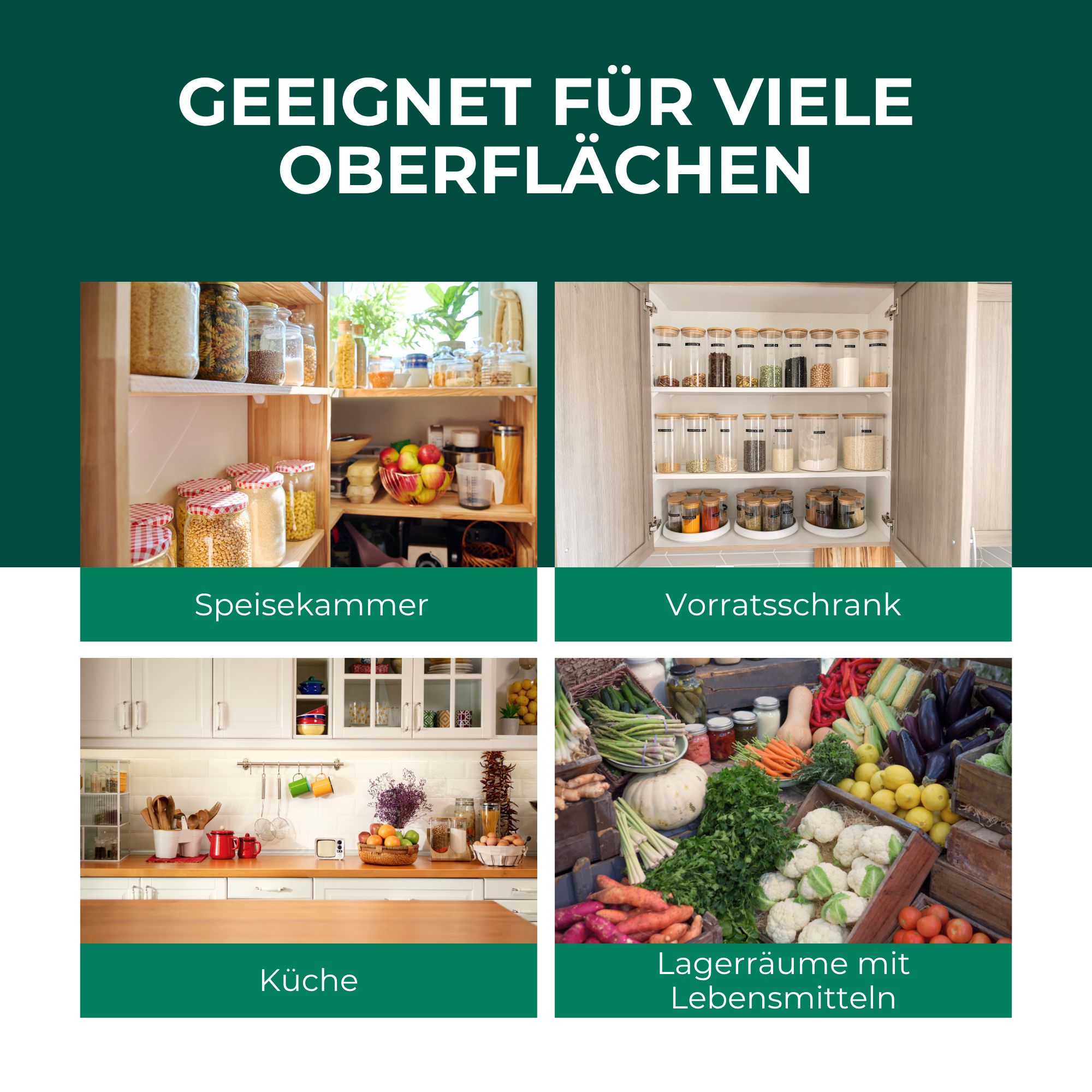 Vier Bilder zeigen Küchen, Speisekammern und Lagerräume. Text: Geeignet für viele Oberflächen.
