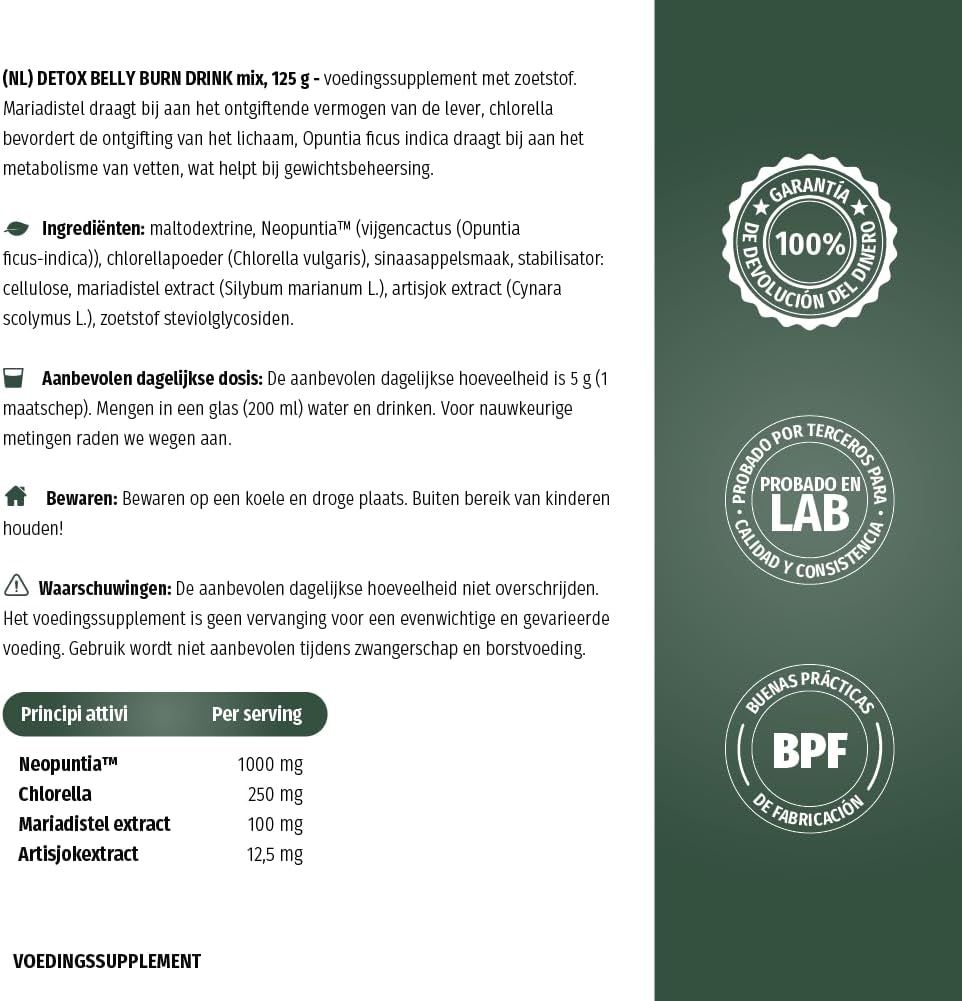 Productlabel met ingrediënten en certificeringen. Detox Belly Burn. 125g. Ingrediënten en dosering.