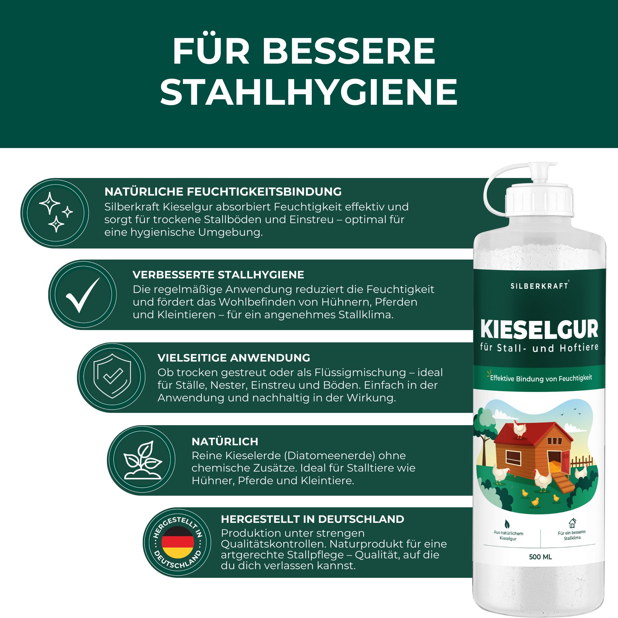 Flasche SILBERKRAFT Kieselgur. Text: Für bessere Stallhygiene. Natürliche Feuchtigkeitsbindung. Vielseitige Anwendung. Hergestellt in Deutschland.