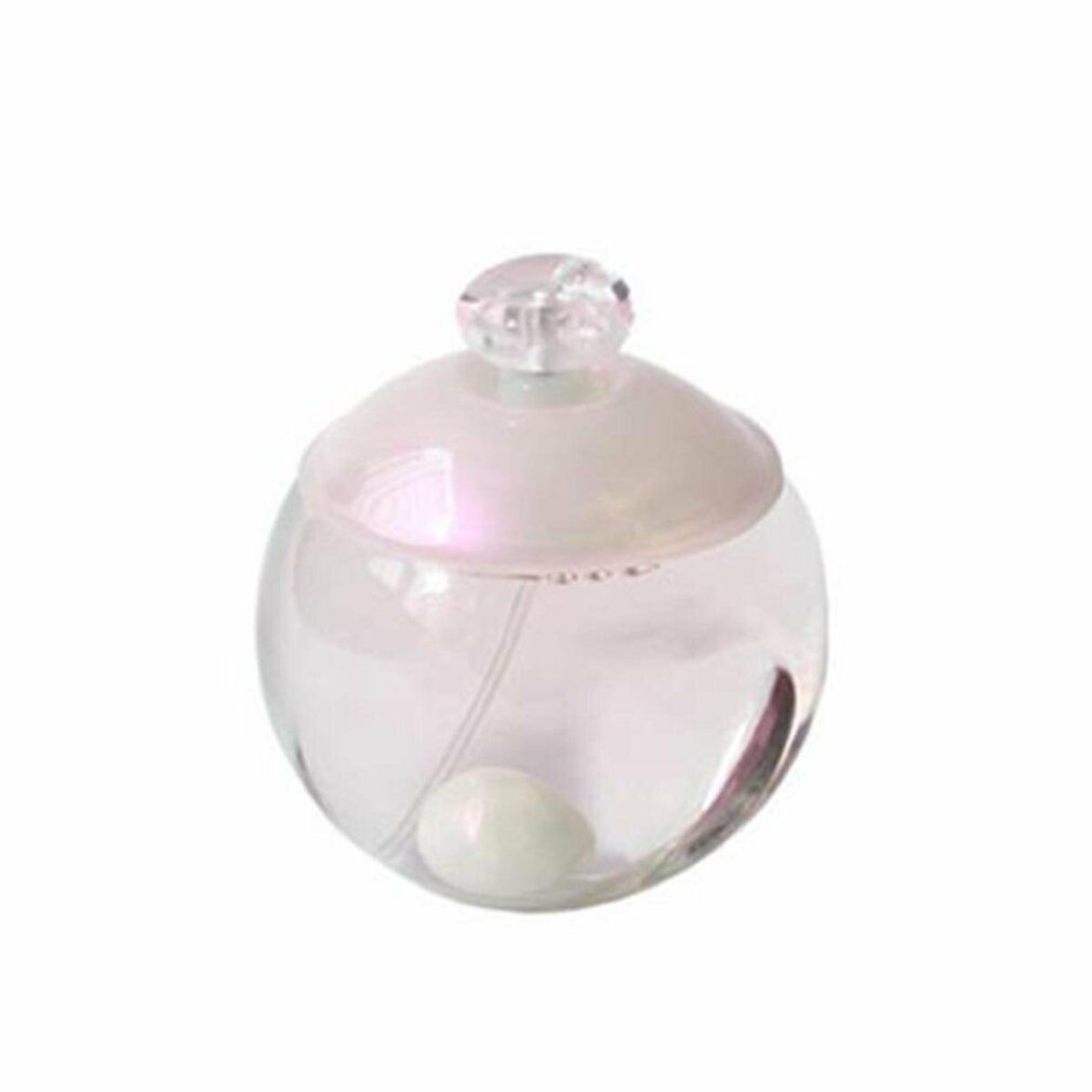 Runde Glasflasche mit rosa schimmerndem Inhalt. Ein weißer Punkt im Inneren. Der Zerstäuber ist sichtbar.