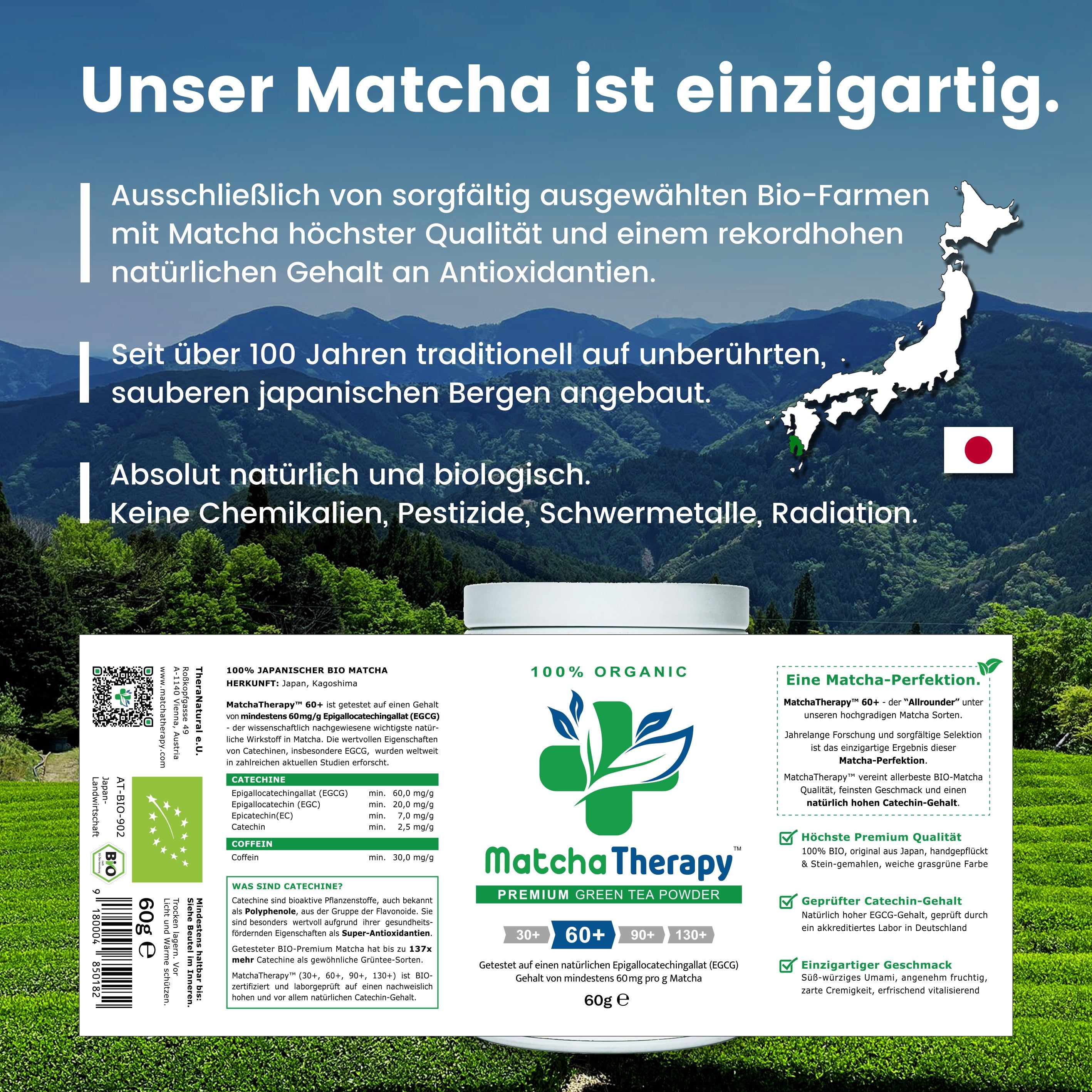 Weißer Behälter mit MatchaTherapy-Logo und Text. Karte von Japan. Text über Matcha-Qualität und Herkunft.