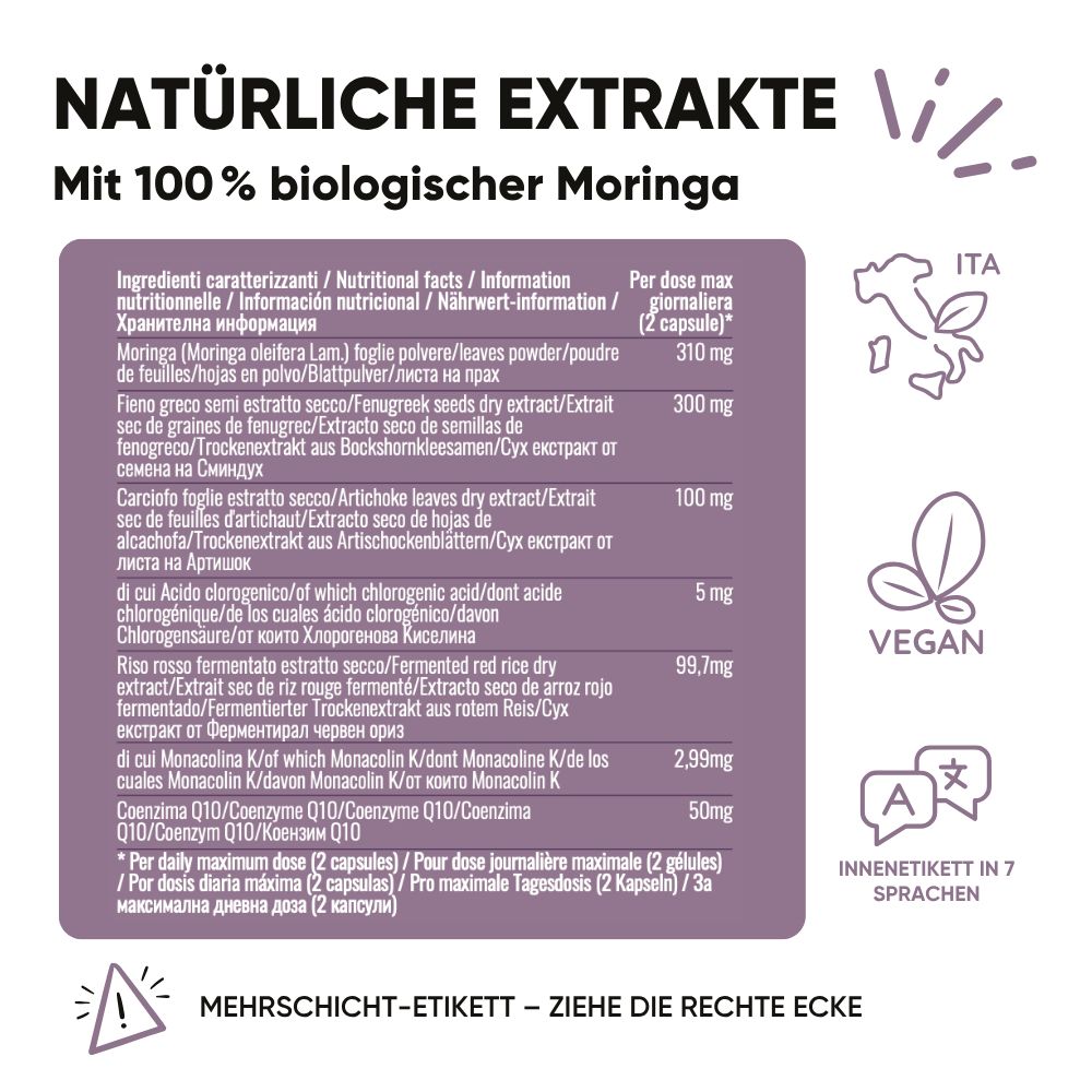 Nährwertangaben: Moringa, Bockshornklee, Artischocke, Roter Reis, Coenzym Q10.