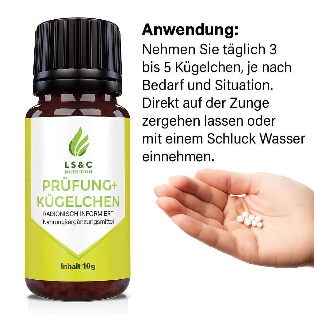 Braune Flasche "Prüfung+ Kügelchen" mit gelbem Etikett. Hand mit Kügelchen daneben. "LS & C Nutrition" sichtbar.