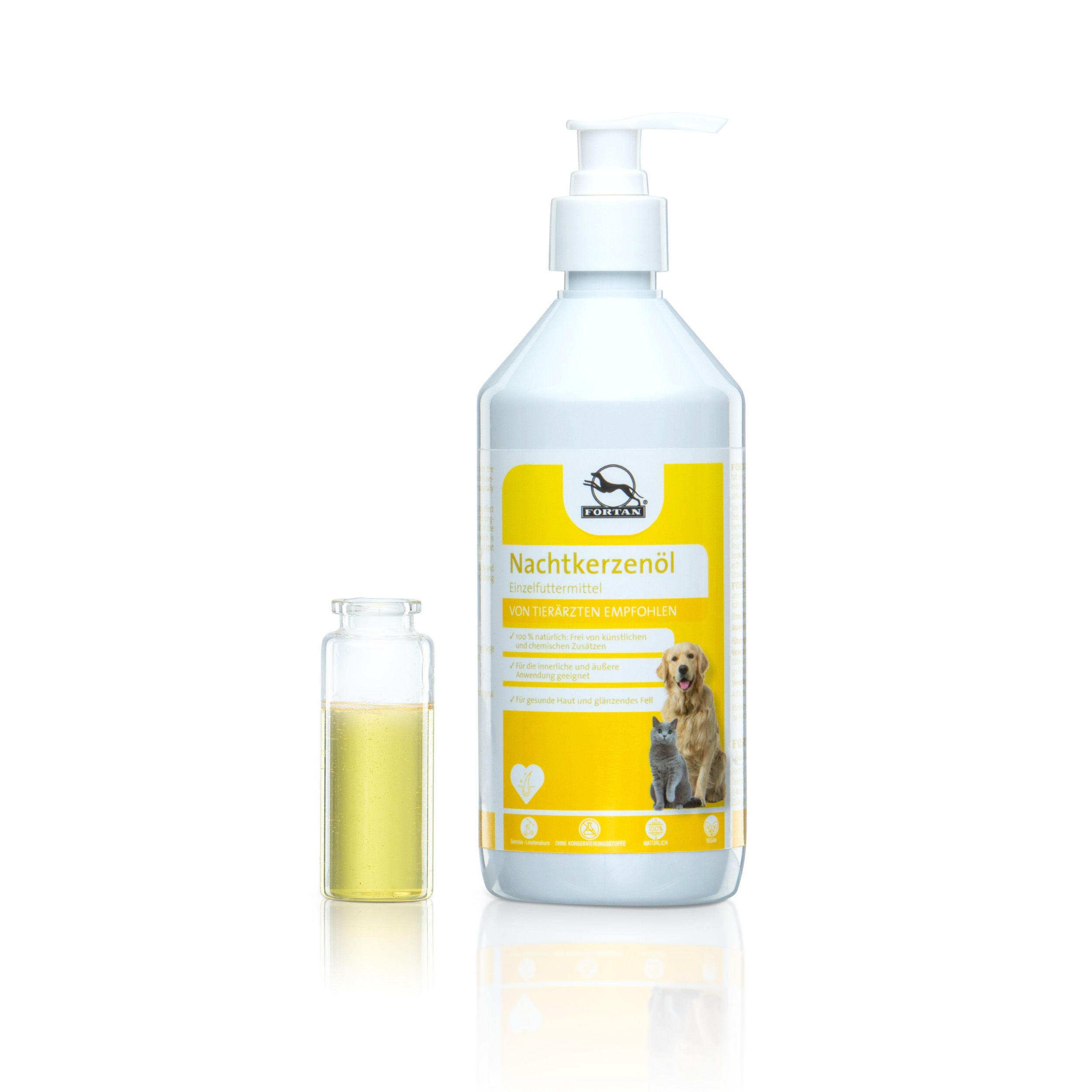 Flasche FORTAN Nachtkerzenöl und kleine Glasampulle. Gelbes Etikett mit Logo, Text und Abbildung von Hund und Katze.