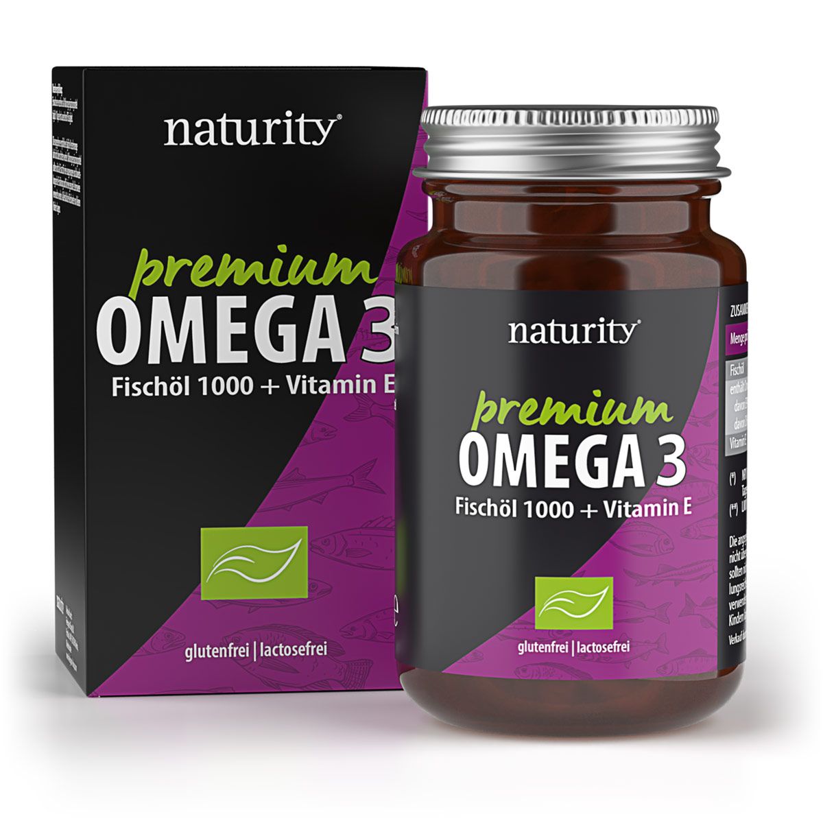 Braune Glasflasche und Schachtel mit Produktaufdruck. Aufschrift: Naturity premium OMEGA 3 Fischöl 1000 + Vitamin E. Grün-lila Design.