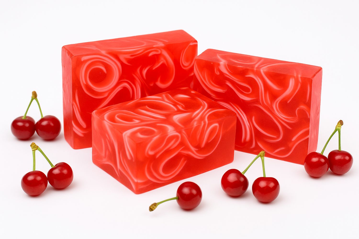 Drei rote Seifenstücke mit weißen Verzierungen und Kirschen. Die Seifen haben eine rechteckige Form und sind von Kirschen umgeben.