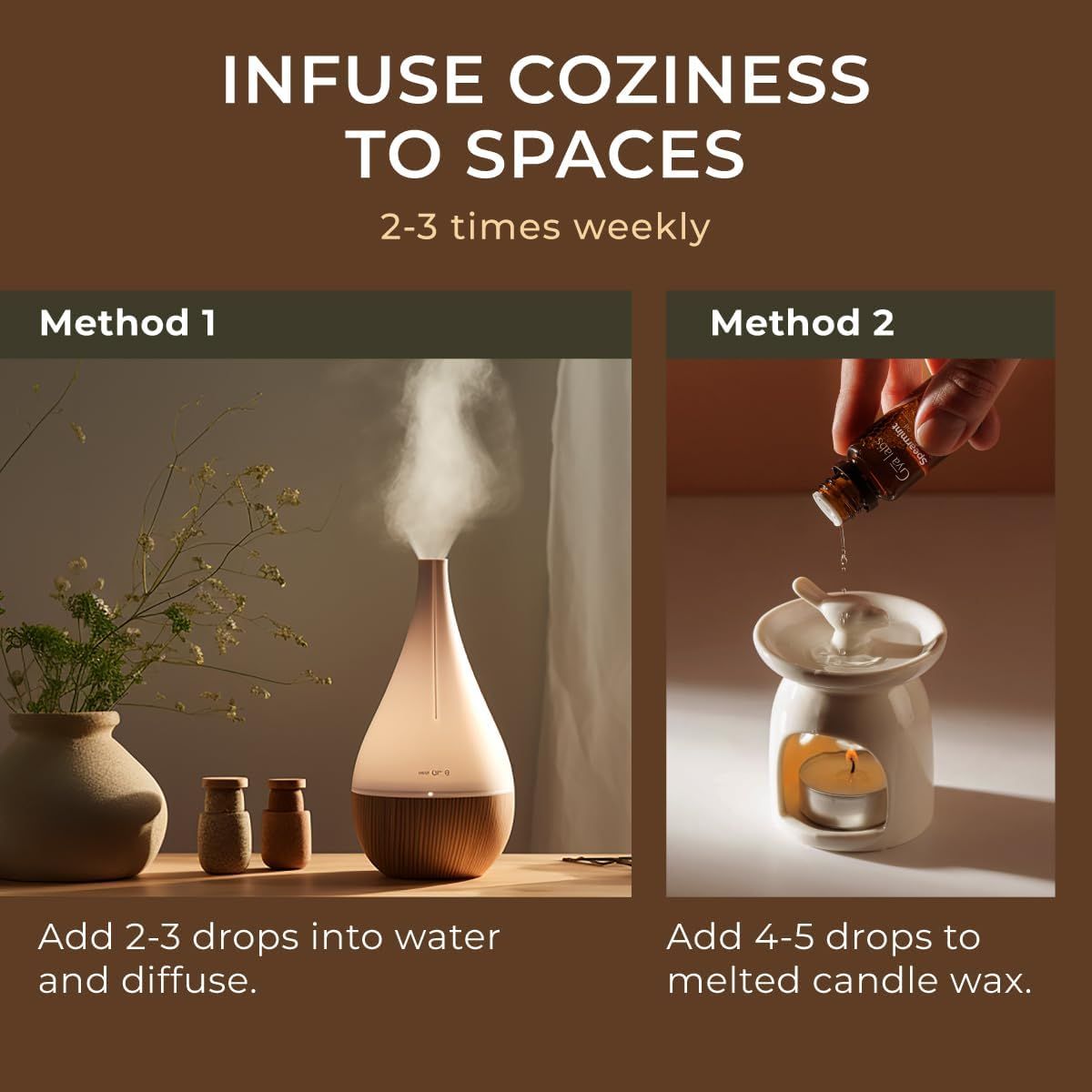 Zwei Methoden zur Anwendung. Links: Diffusor mit Nebel. Rechts: Keramik-Duftlampe mit Tropfen Öl. Text: Infuse coziness to spaces.