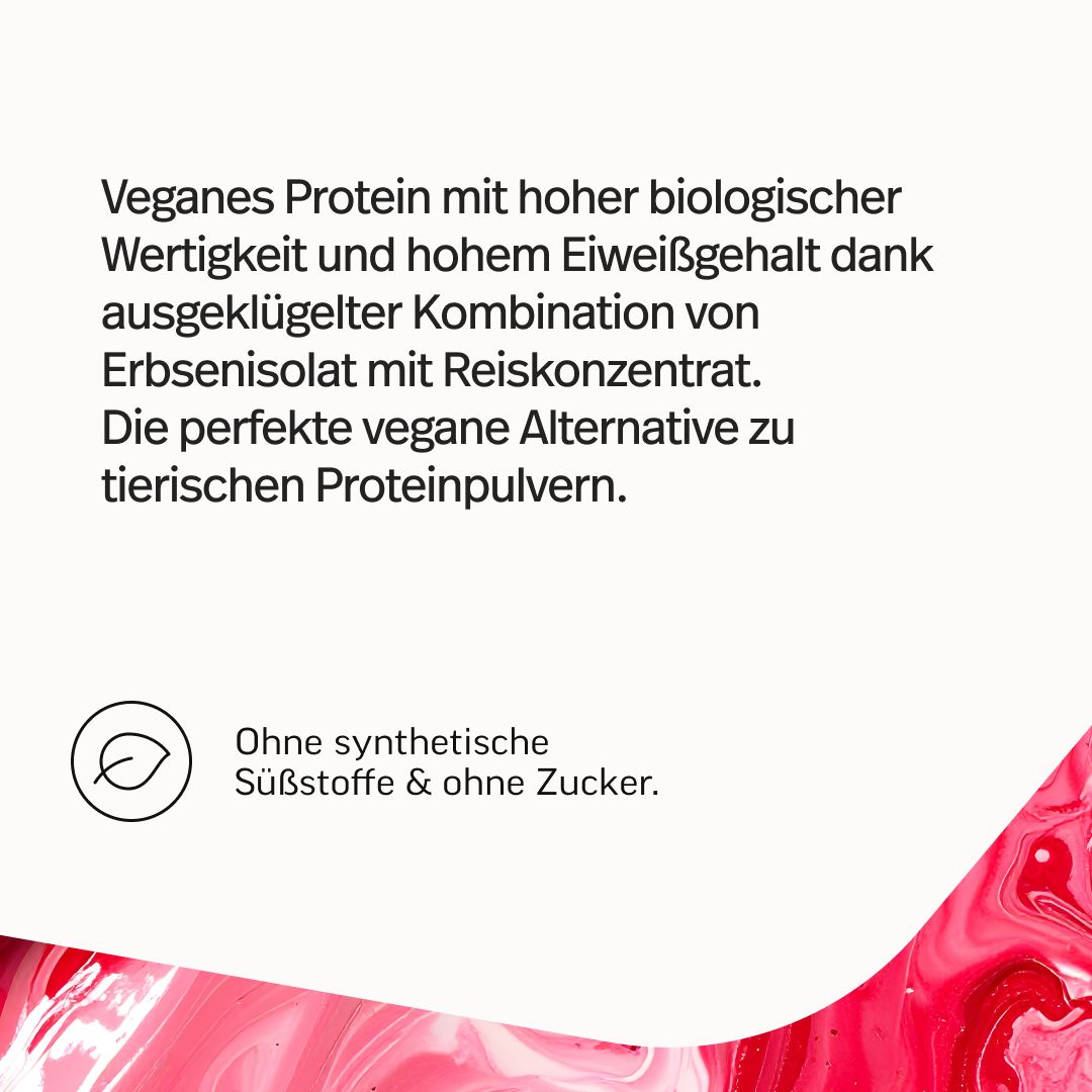 Veganes Protein mit hoher biologischer Wertigkeit und Eiweißgehalt. Kombination aus Erbsenisolat und Reiskonzentrat. Ohne synthetische Süßstoffe & Zucker.